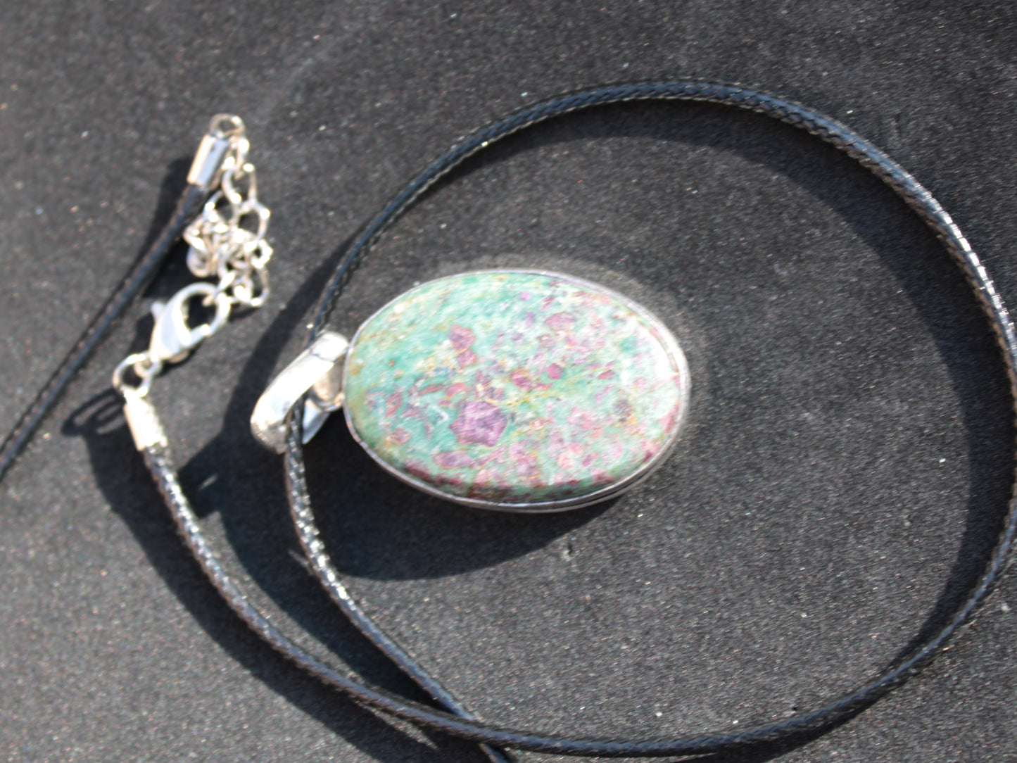 Ruby Fuchsite 925 Silver Plated pendant with black strap 14.9g Rocks and Things