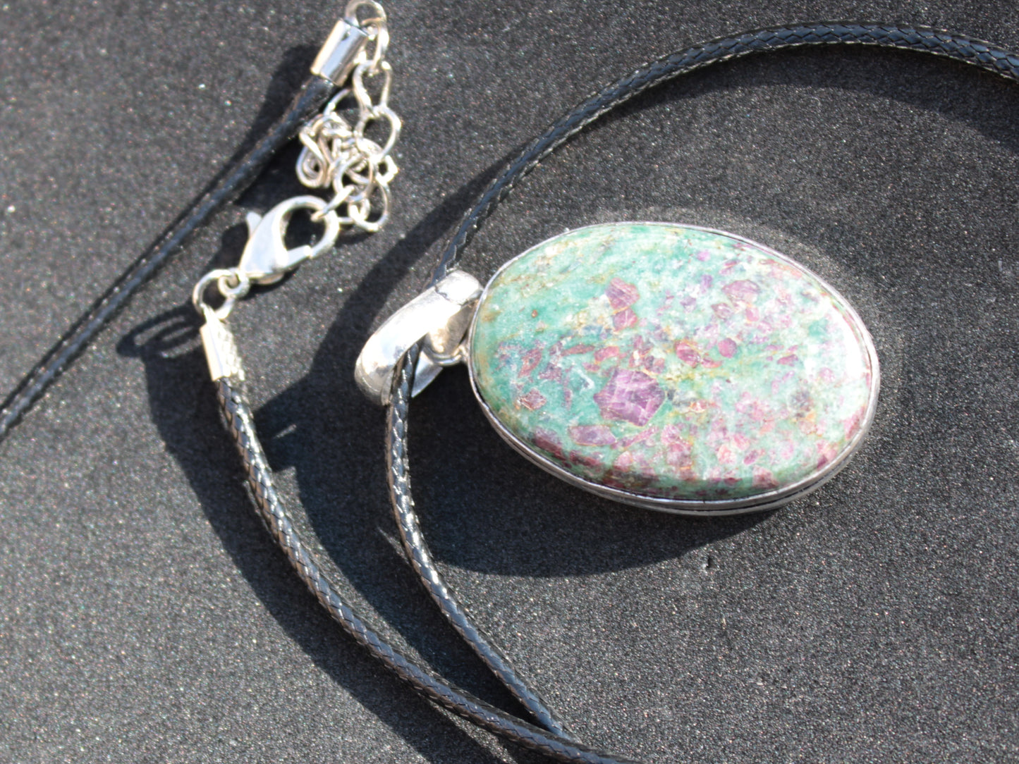 Ruby Fuchsite 925 Silver Plated pendant with black strap 14.9g Rocks and Things