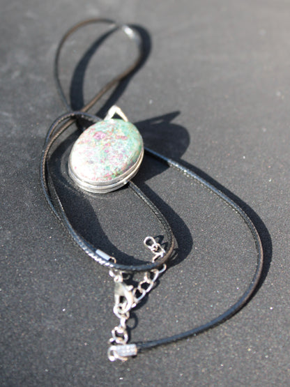 Ruby Fuchsite 925 Silver Plated pendant with black strap 14.9g Rocks and Things