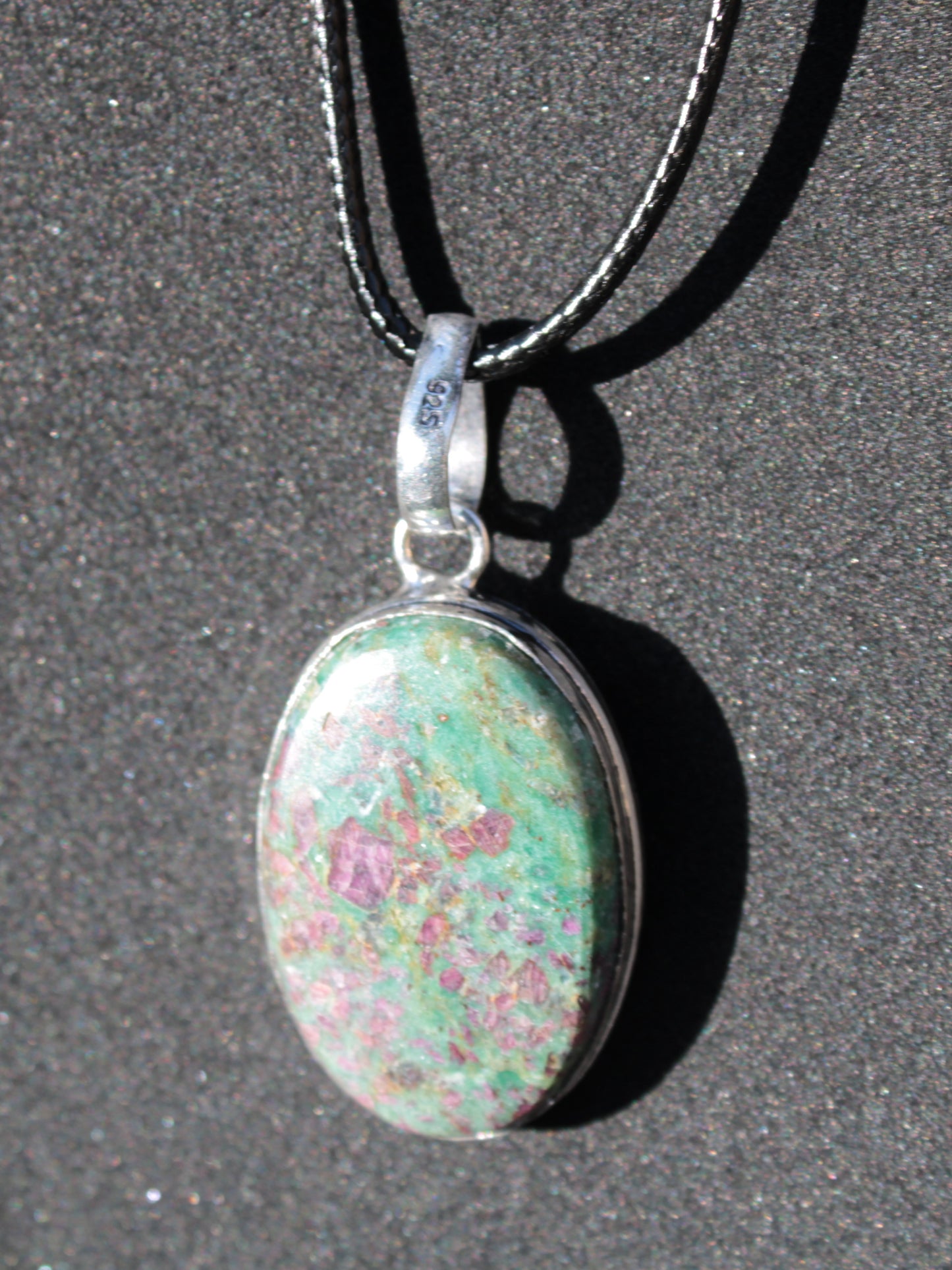 Ruby Fuchsite 925 Silver Plated pendant with black strap 14.9g Rocks and Things