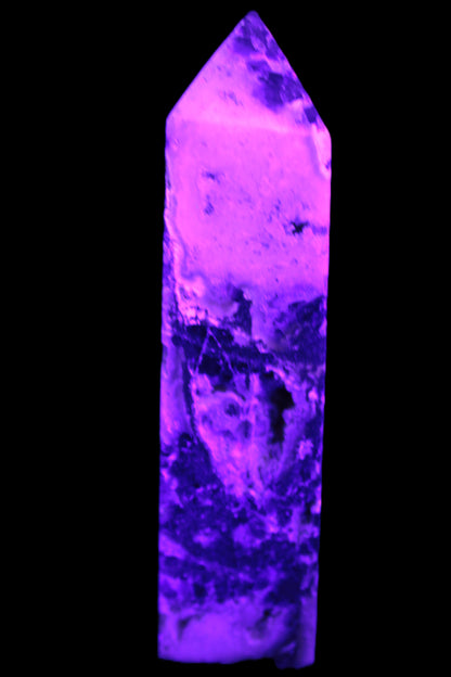 Purple Fantasy Fluorite obelisk 369g in UV light