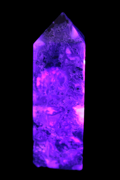 Purple Fantasy Fluorite obelisk 369g in UV light