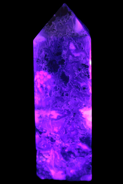 Purple Fantasy Fluorite obelisk 369g in UV light