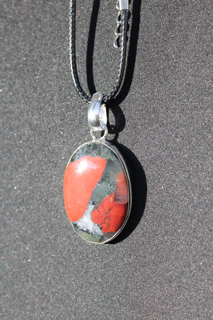 African Bloodstone 925 Silver Plated pendant with black strap 14g Rocks and Things