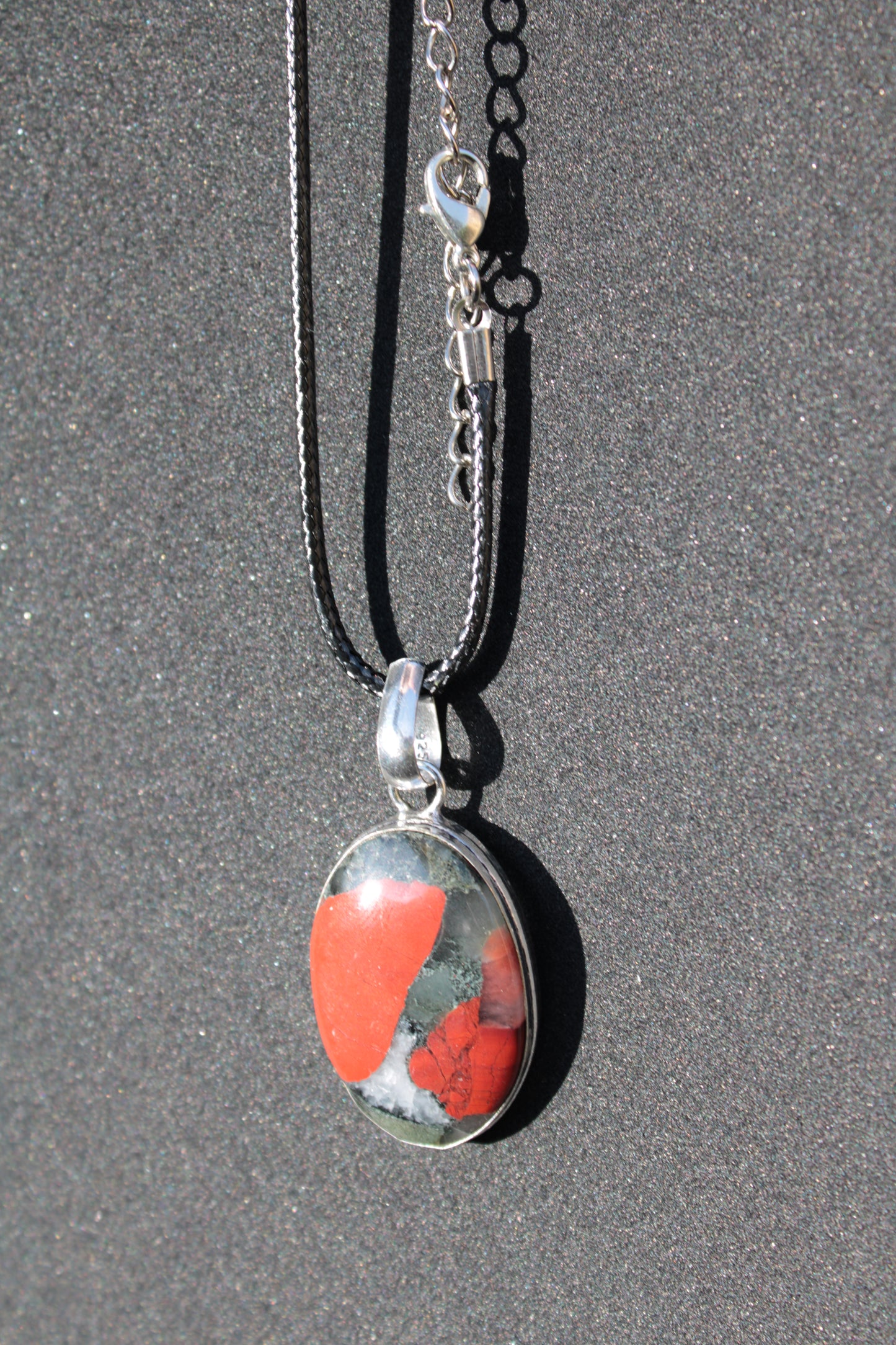 African Bloodstone 925 Silver Plated pendant with black strap 14g Rocks and Things