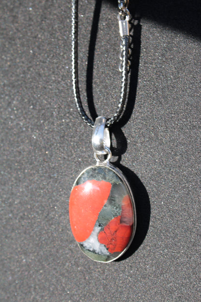 African Bloodstone 925 Silver Plated pendant with black strap 14g Rocks and Things