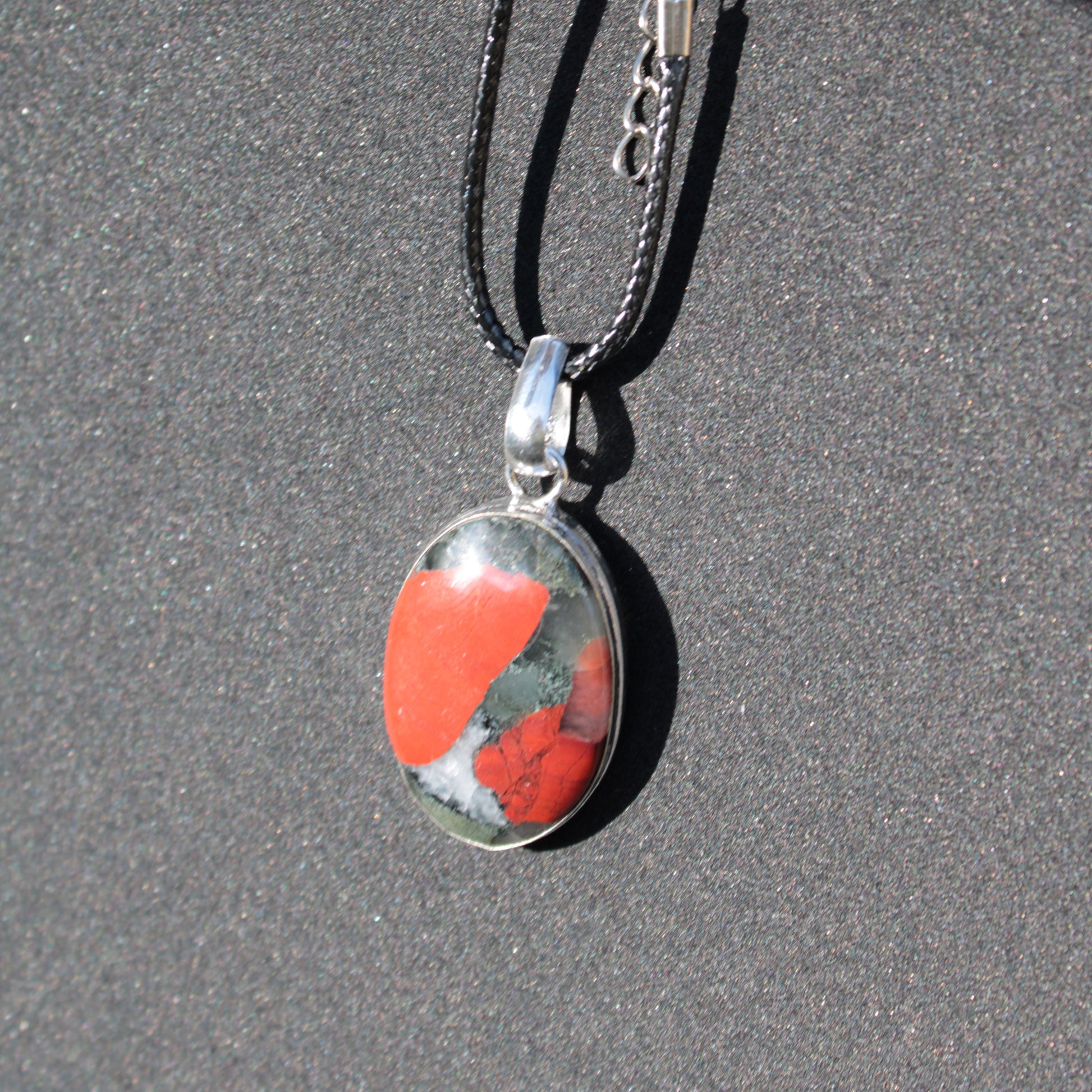 African Bloodstone 925 Silver Plated pendant with black strap 14g Rocks and Things