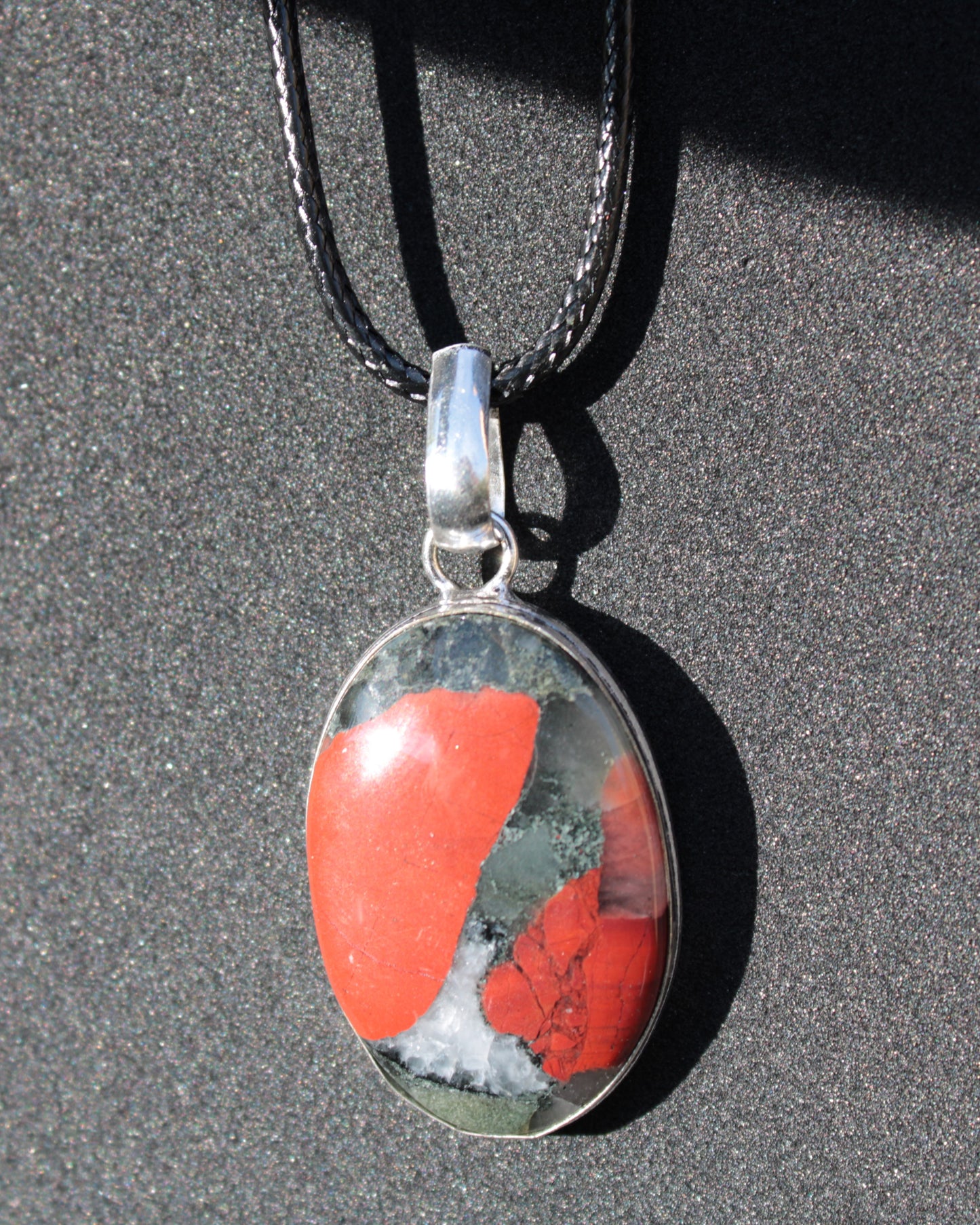 African Bloodstone 925 Silver Plated pendant with black strap 14g Rocks and Things