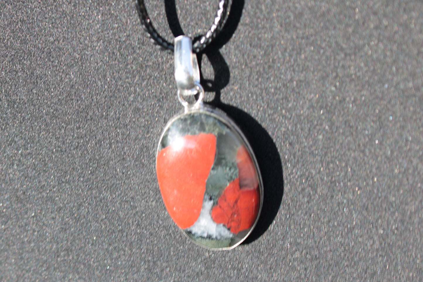 African Bloodstone 925 Silver Plated pendant with black strap 14g Rocks and Things