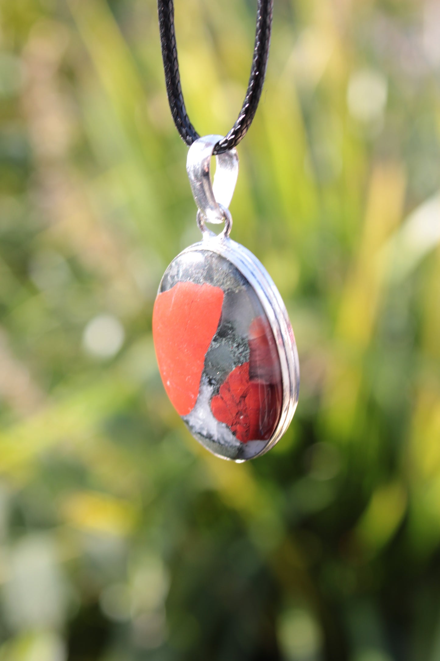 African Bloodstone 925 Silver Plated pendant with black strap 14g Rocks and Things