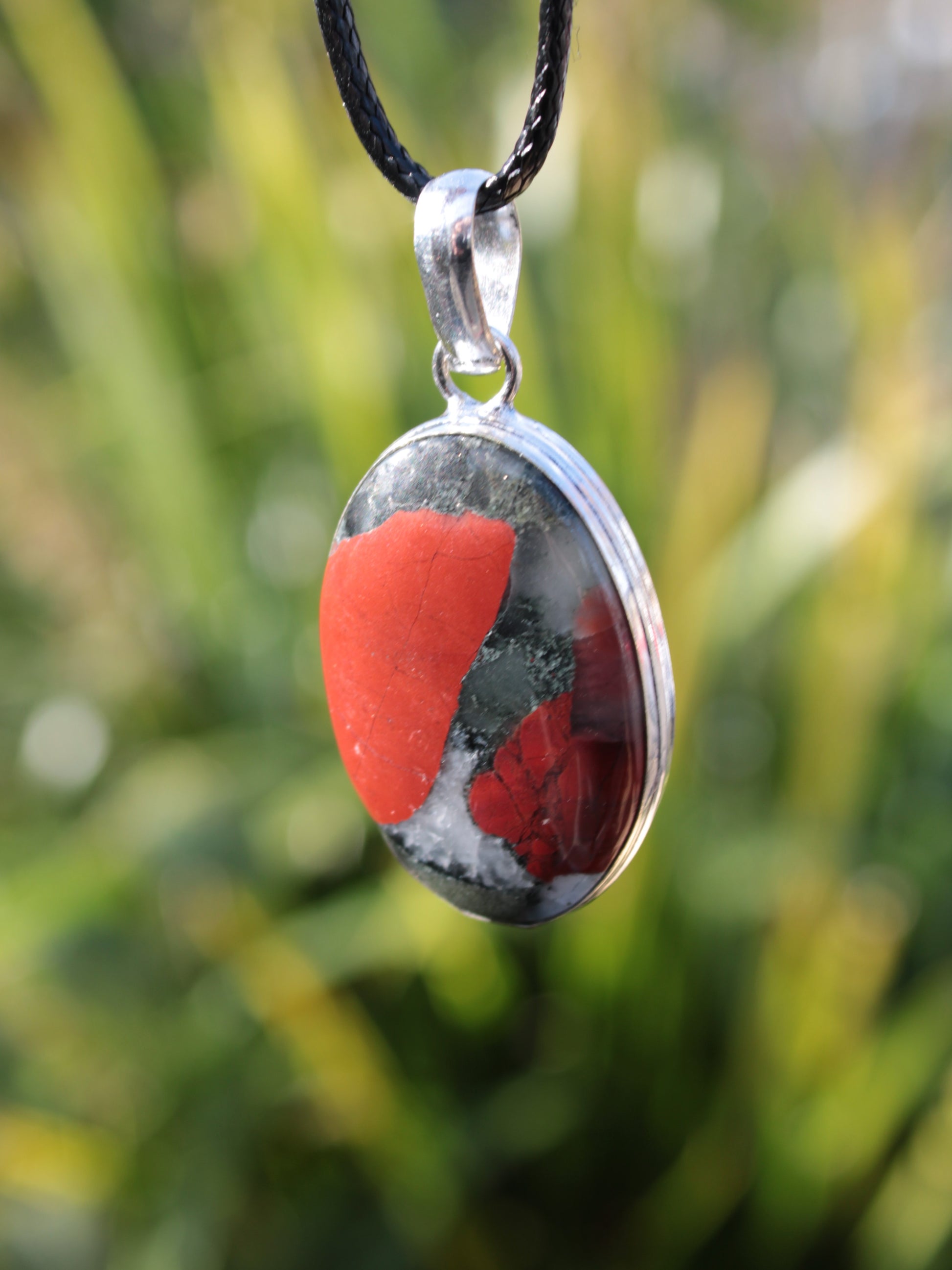 African Bloodstone 925 Silver Plated pendant with black strap 14g Rocks and Things