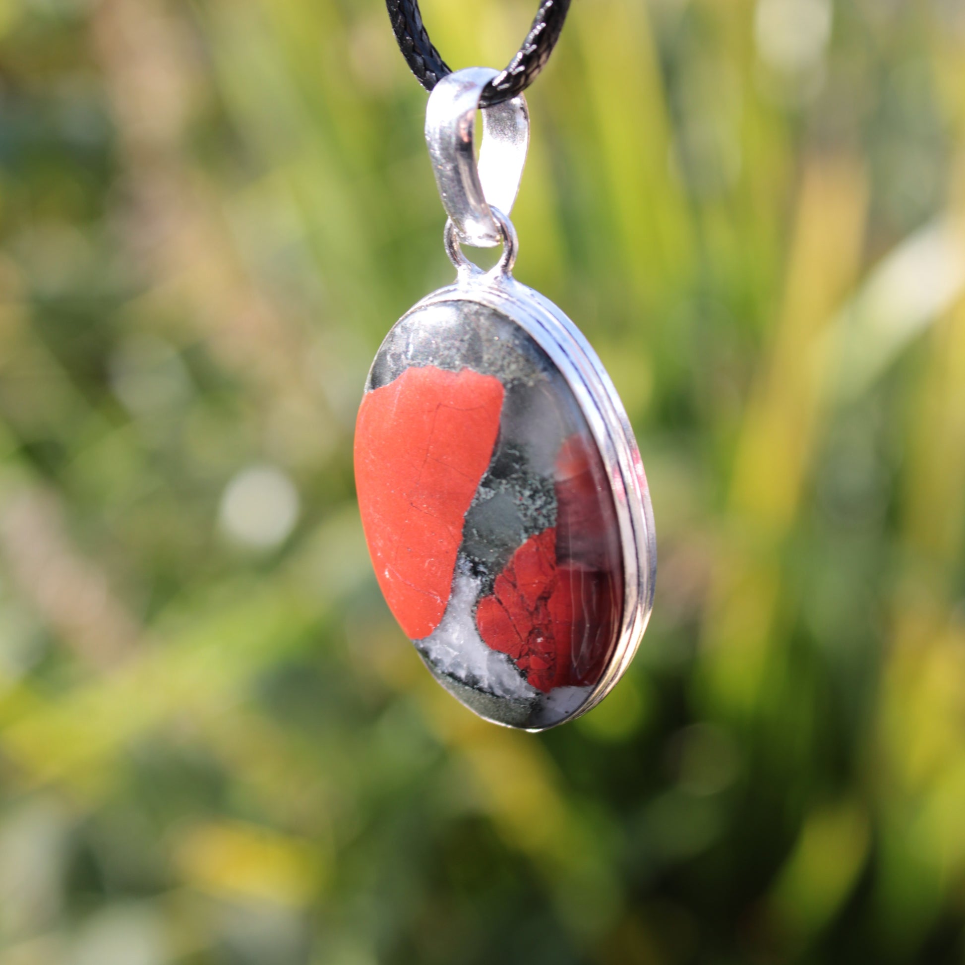 African Bloodstone 925 Silver Plated pendant with black strap 14g Rocks and Things