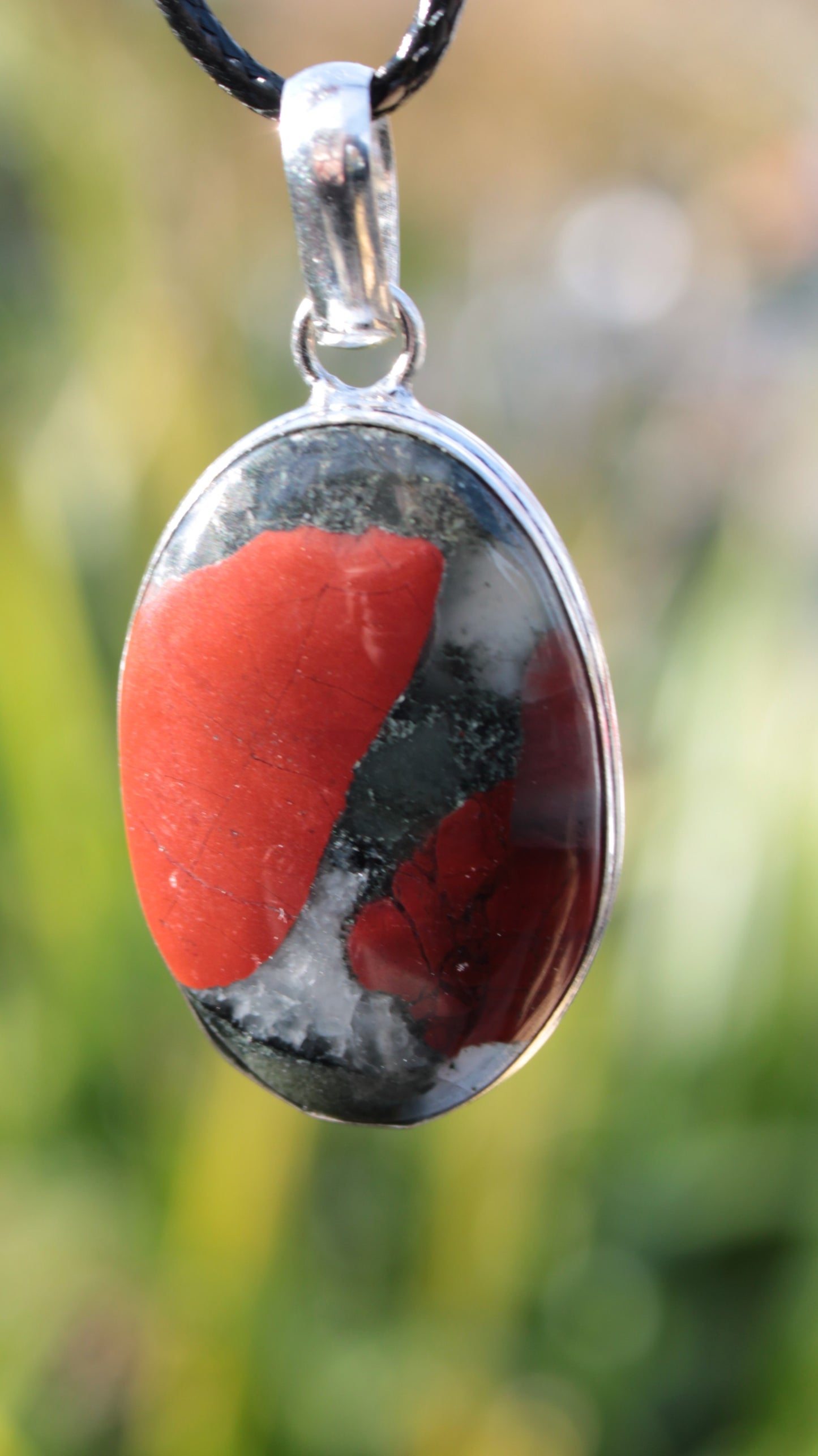 African Bloodstone 925 Silver Plated pendant with black strap 14g Rocks and Things