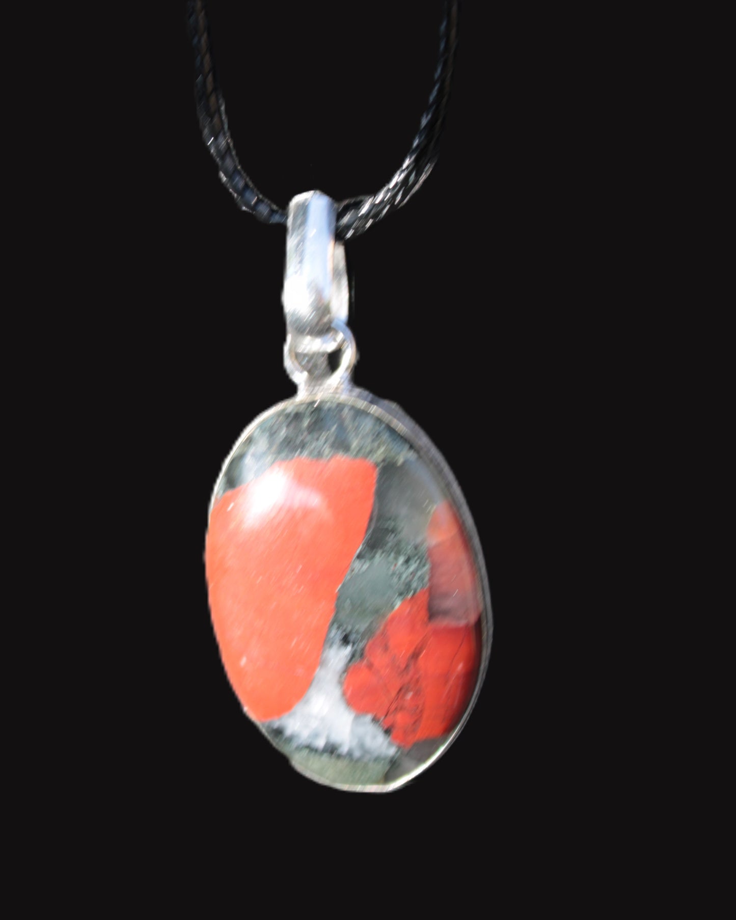 African Bloodstone 925 Silver Plated pendant with black strap 14g Rocks and Things