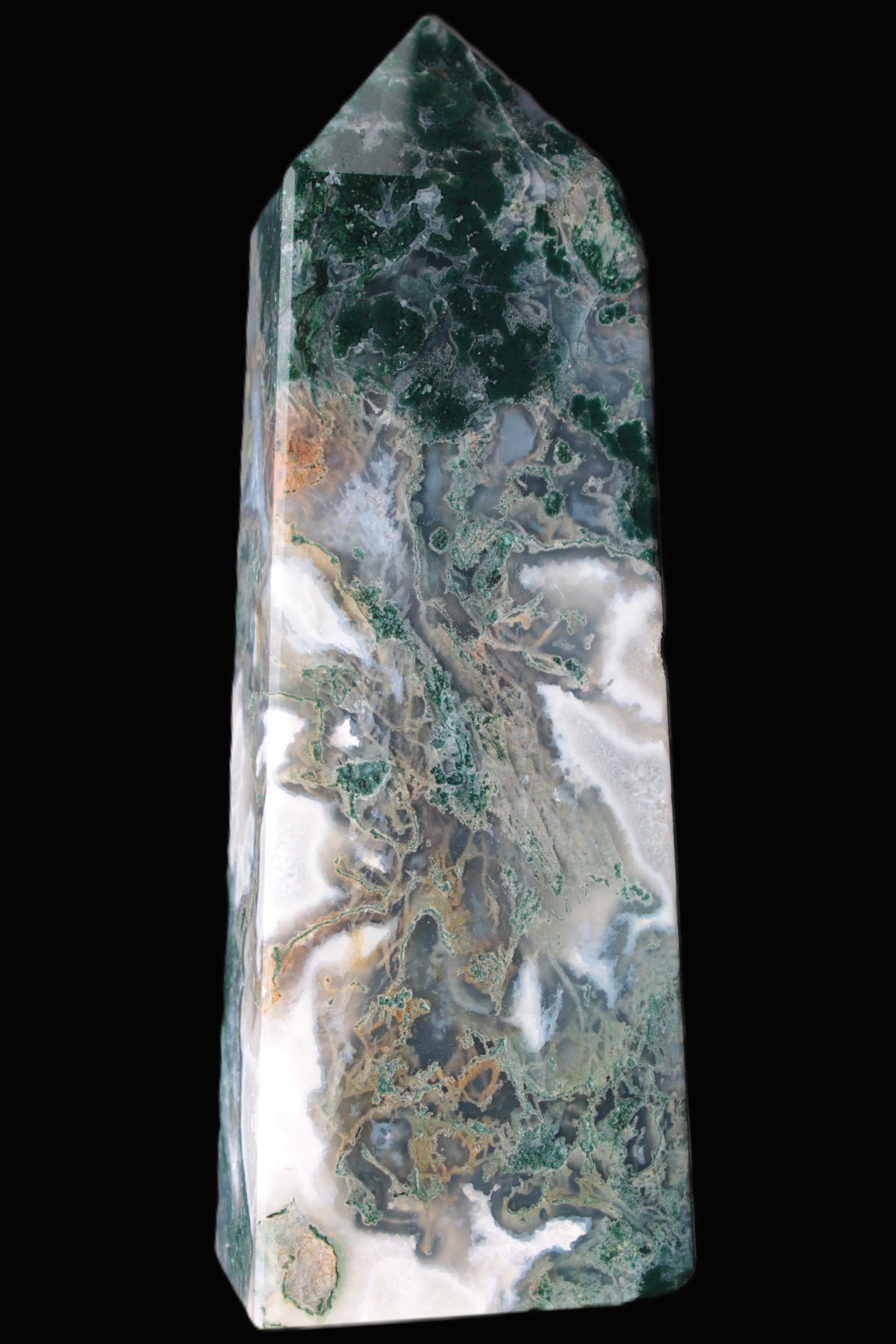 Water Grass Moss agate obelisk 430g Rocks and Things