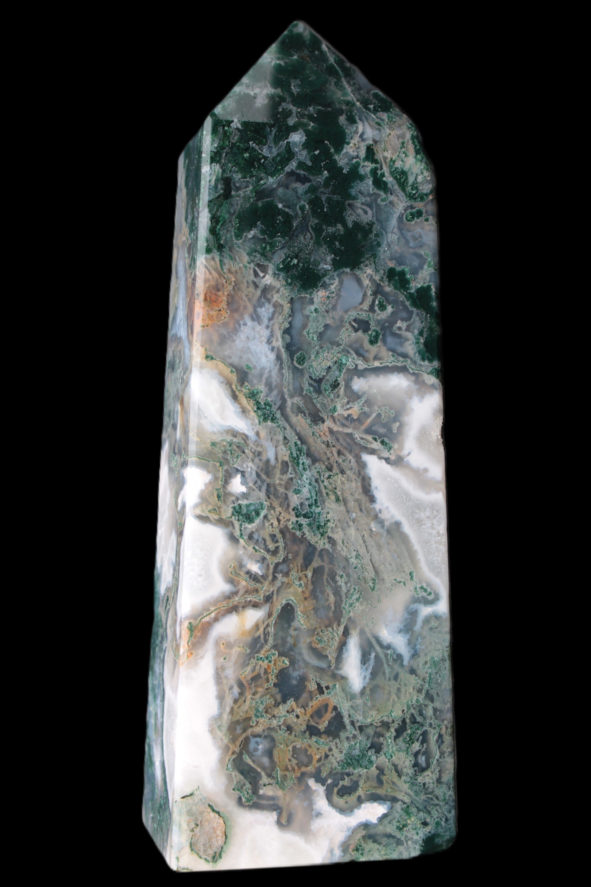 Water Grass Moss agate obelisk 430g Rocks and Things