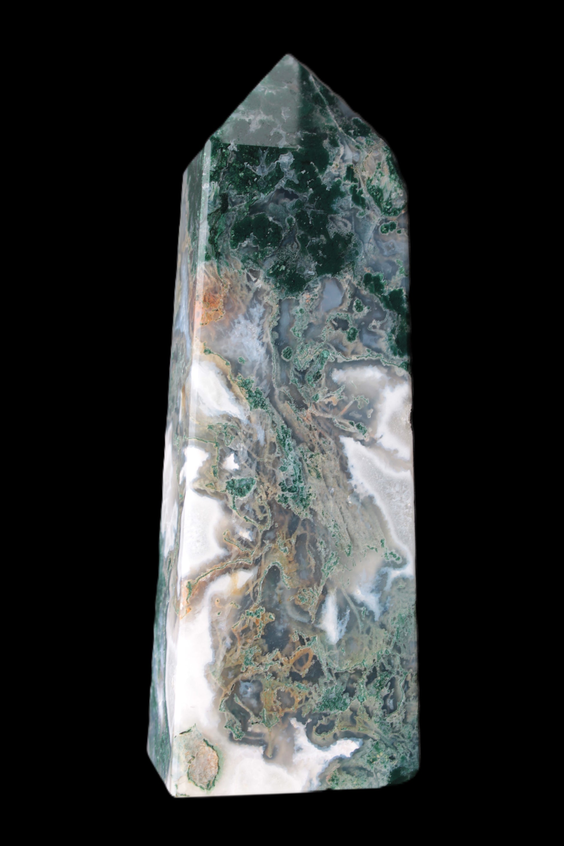 Water Grass Moss agate obelisk 430g Rocks and Things