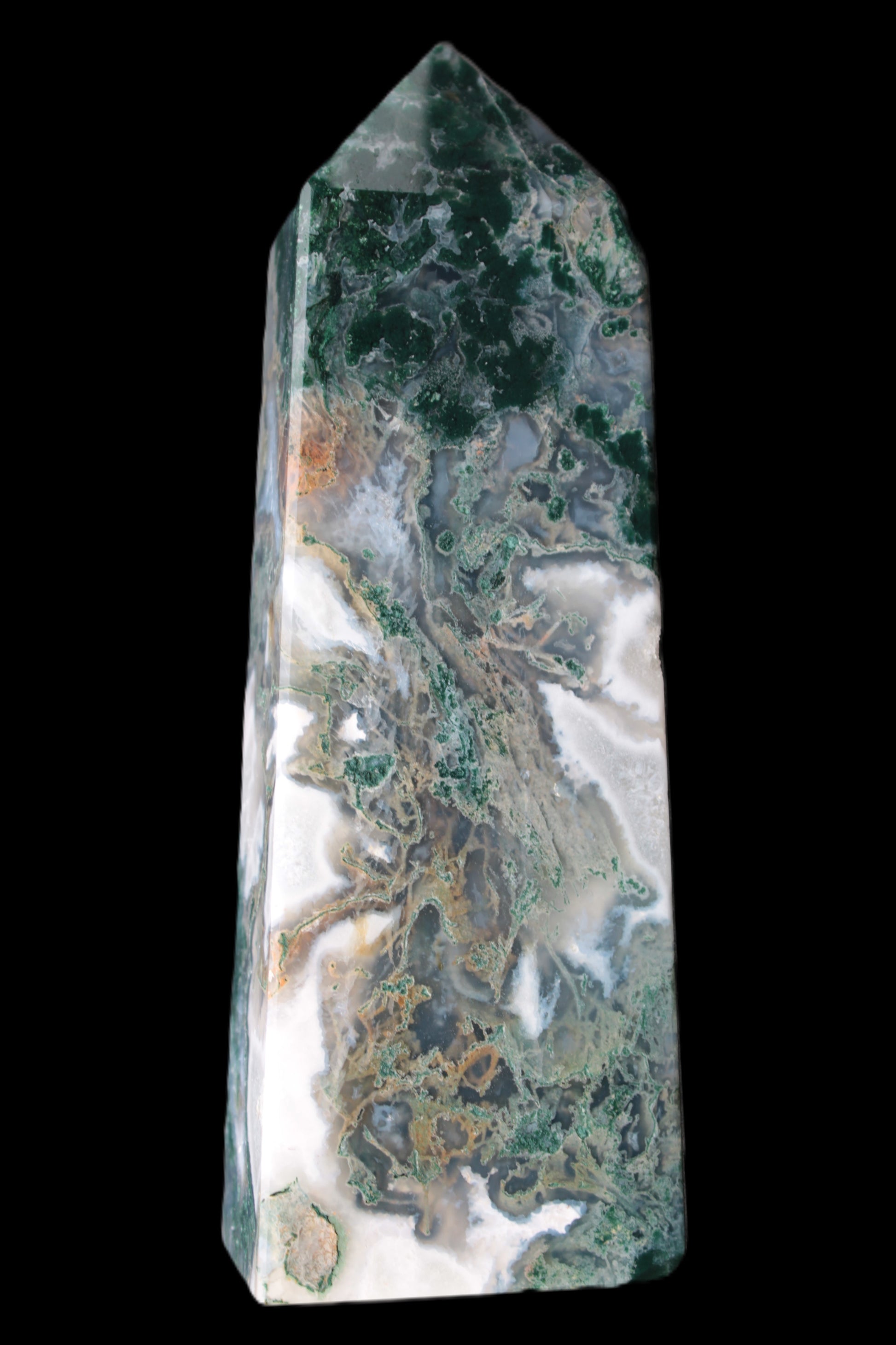 Water Grass Moss agate obelisk 430g Rocks and Things