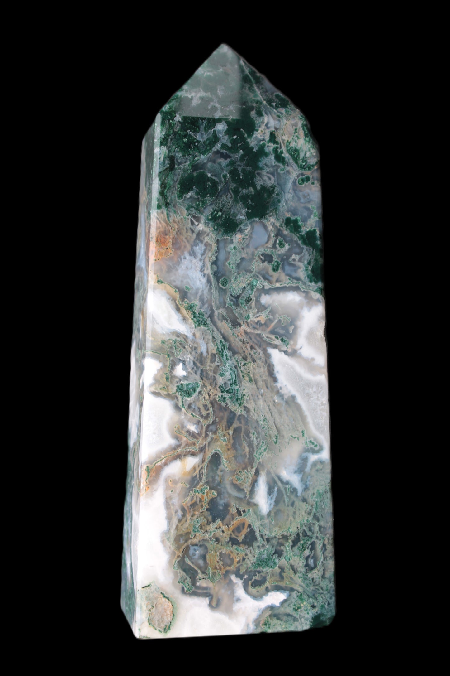 Water Grass Moss agate obelisk 430g Rocks and Things