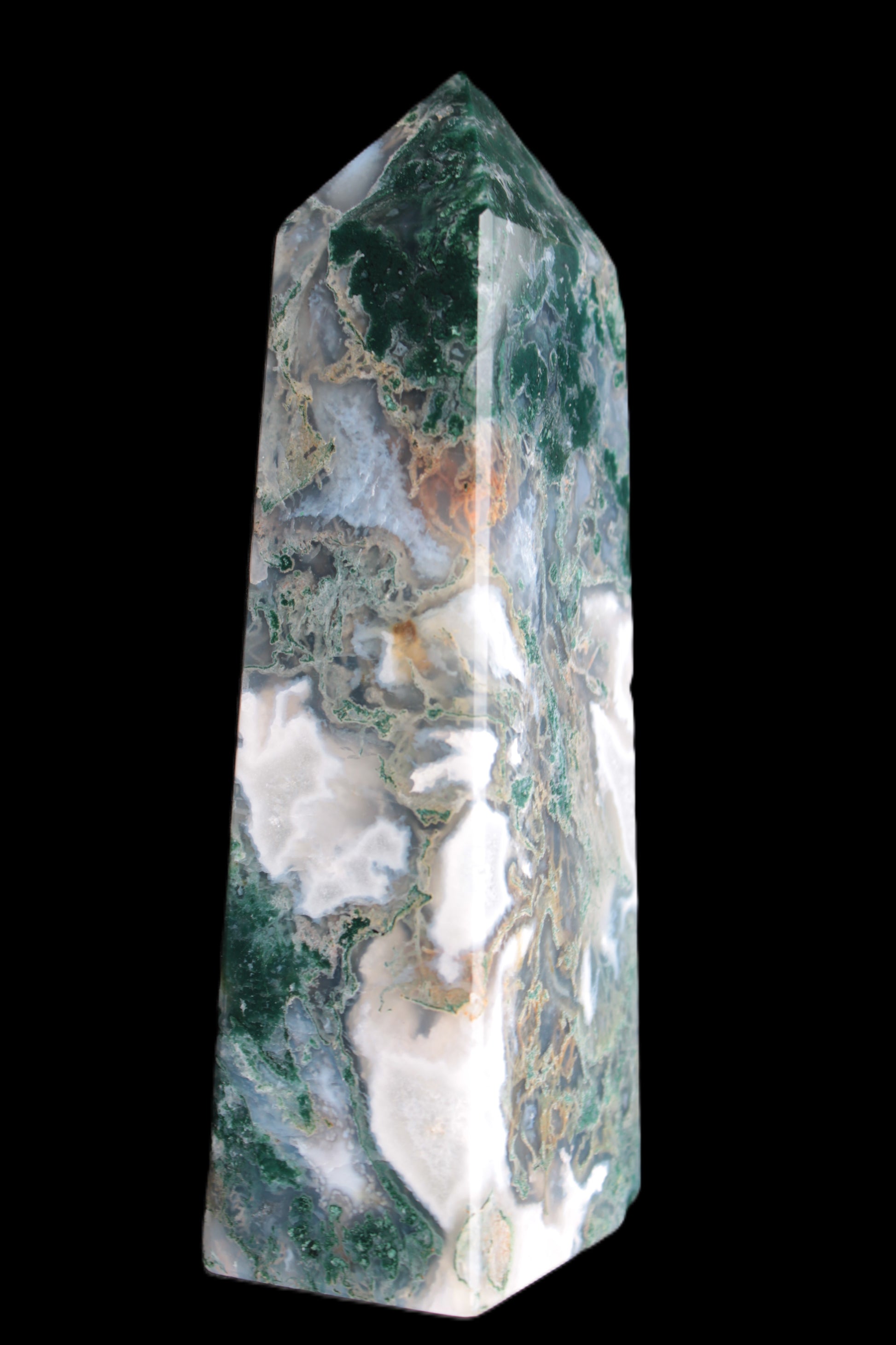 Water Grass Moss agate obelisk 430g Rocks and Things