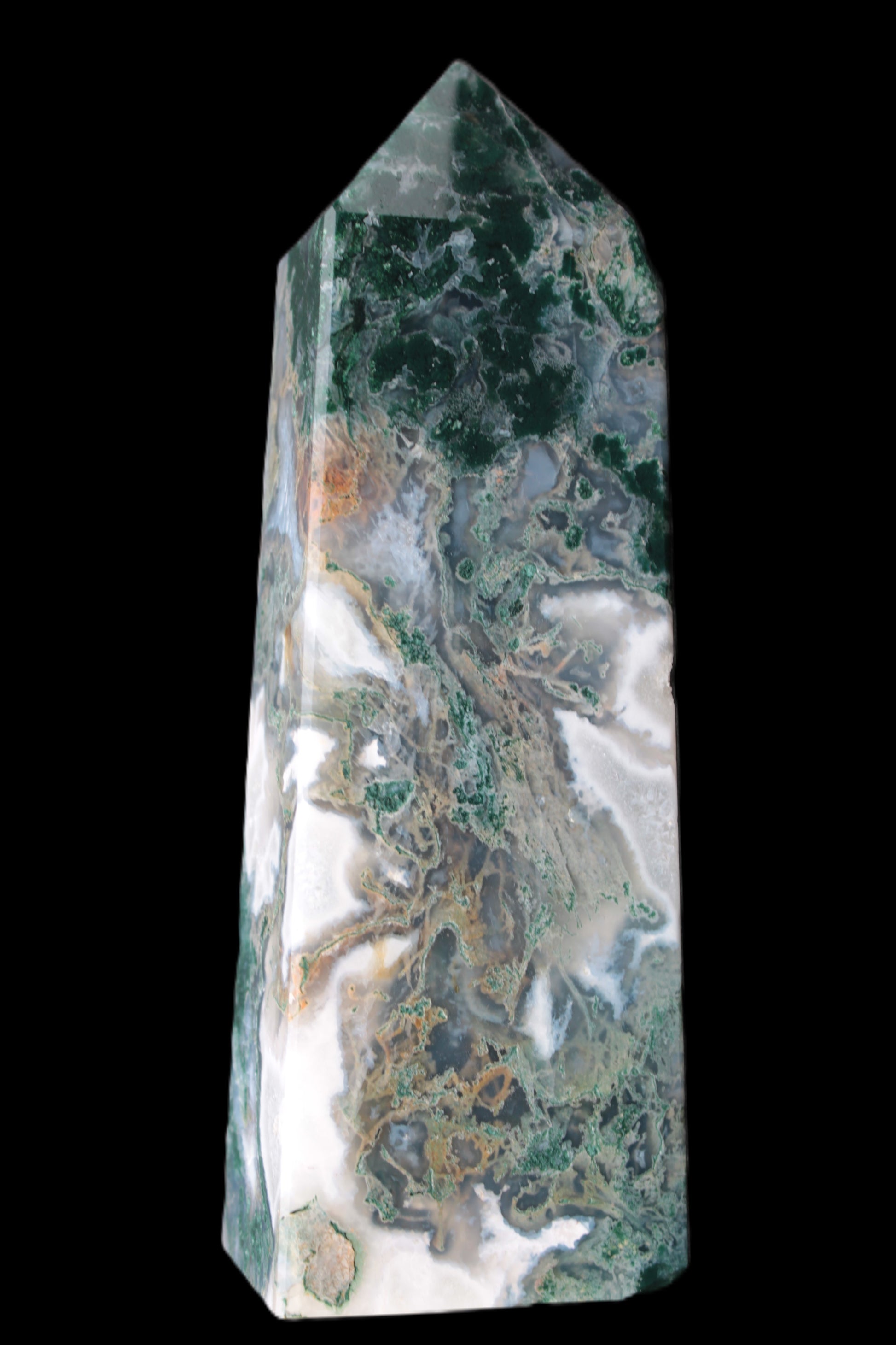 Water Grass Moss agate obelisk 430g Rocks and Things