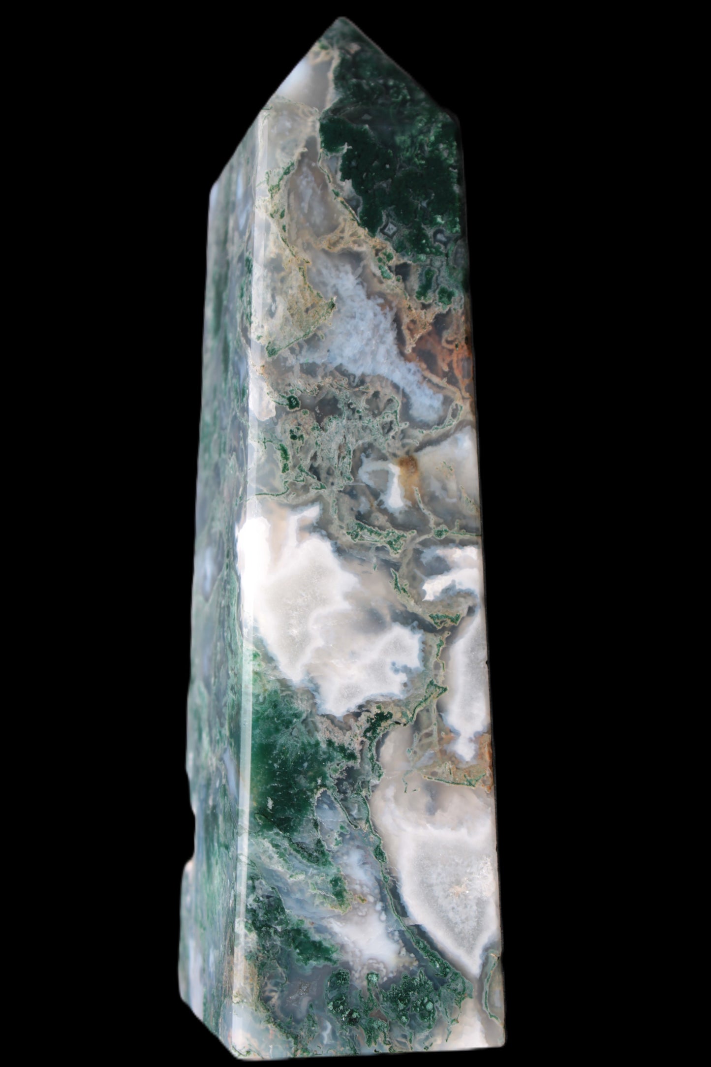 Water Grass Moss agate obelisk 430g Rocks and Things