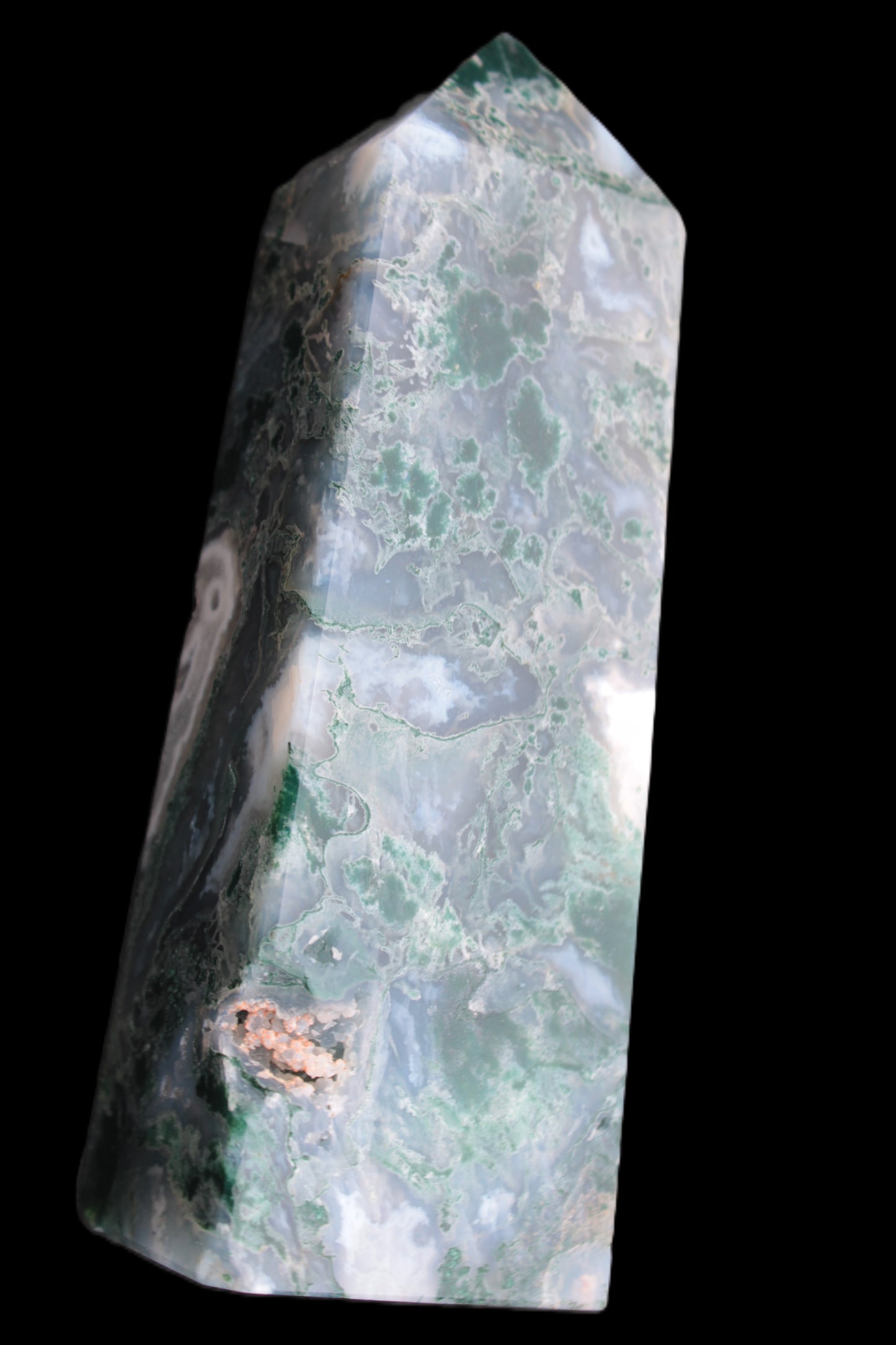 Water Grass Moss agate obelisk 430g Rocks and Things