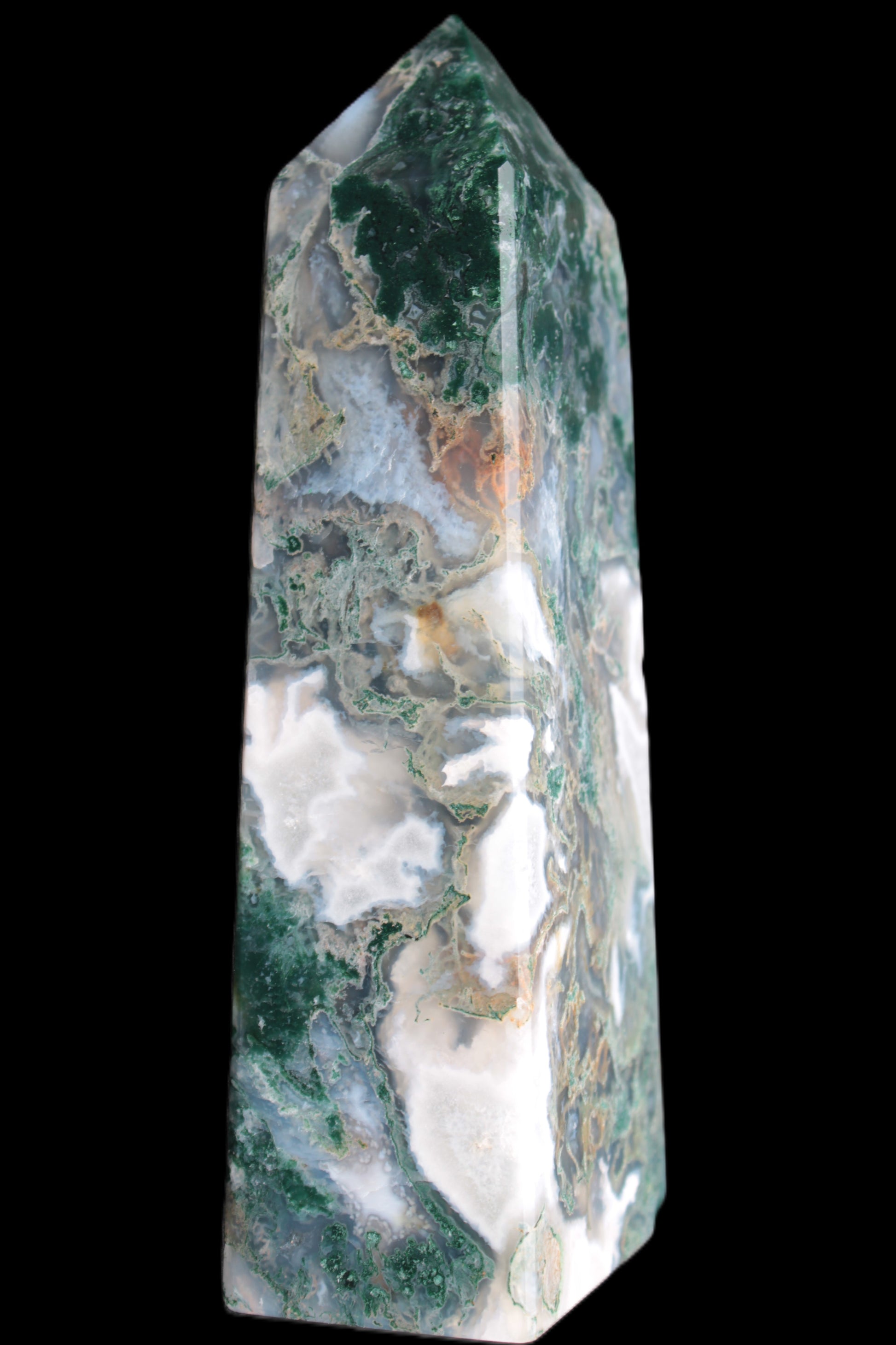 Water Grass Moss agate obelisk 430g Rocks and Things