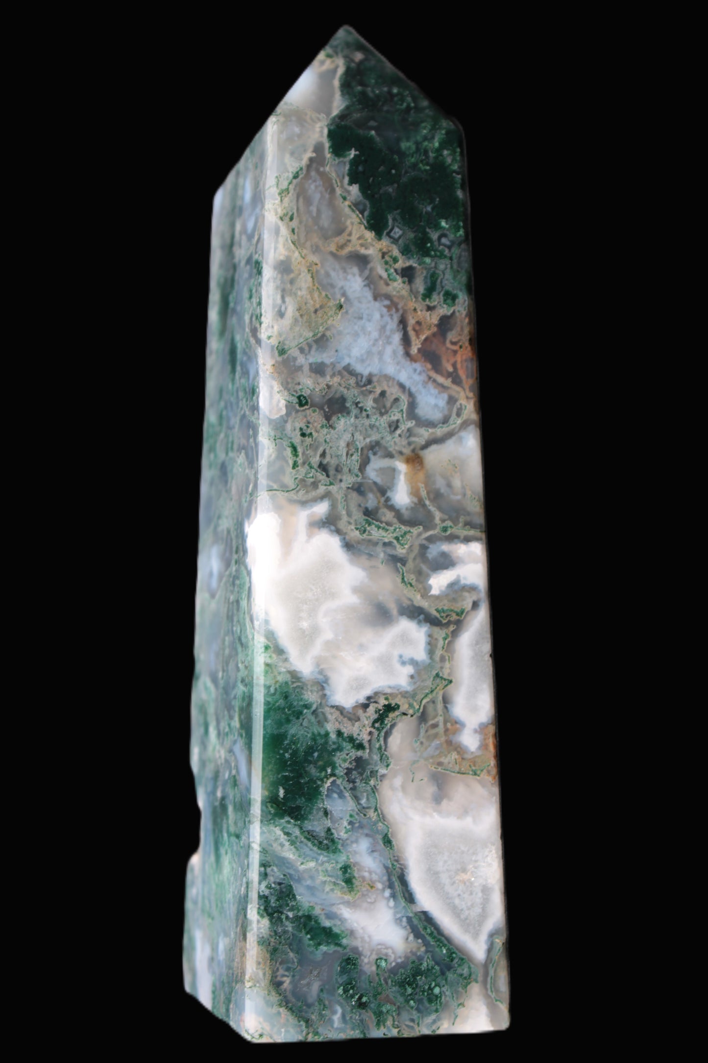 Water Grass Moss agate obelisk 430g Rocks and Things