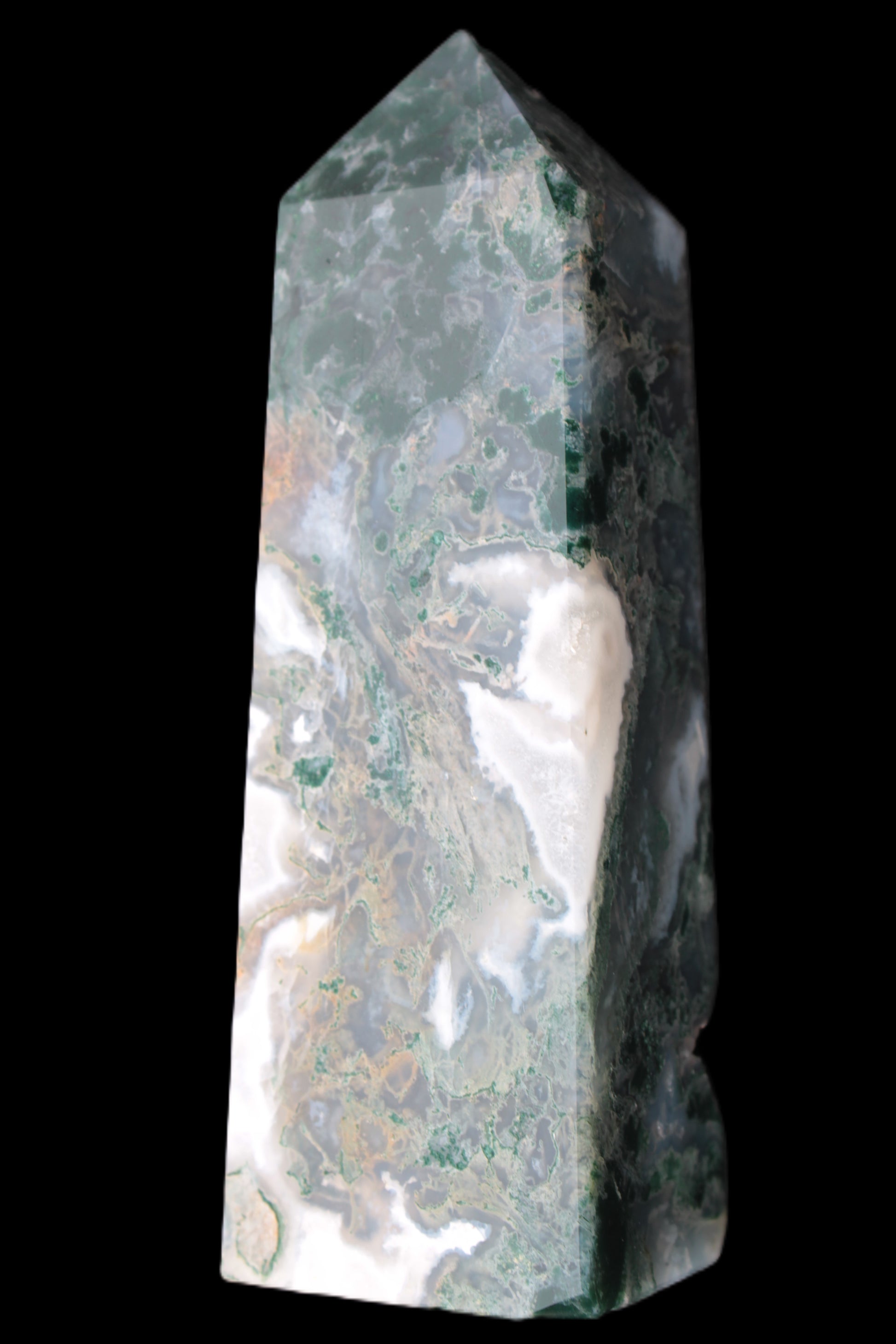 Water Grass Moss agate obelisk 430g Rocks and Things