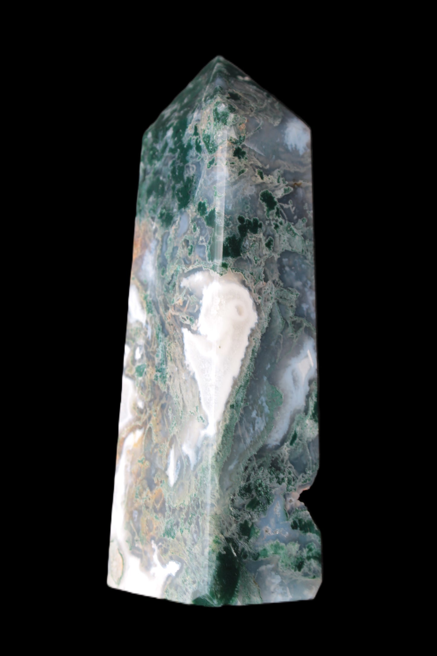 Water Grass Moss agate obelisk 430g Rocks and Things