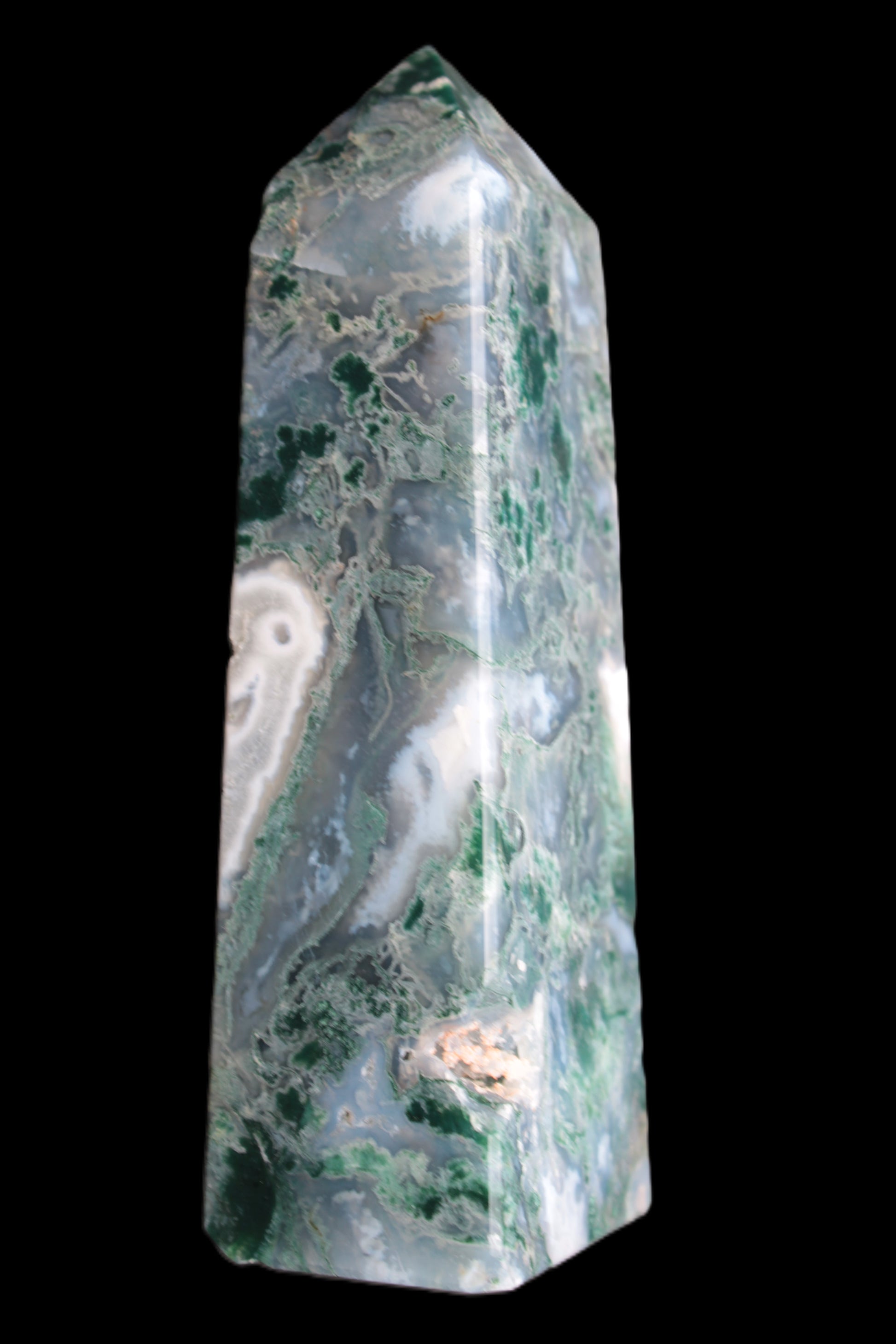 Water Grass Moss agate obelisk 430g Rocks and Things