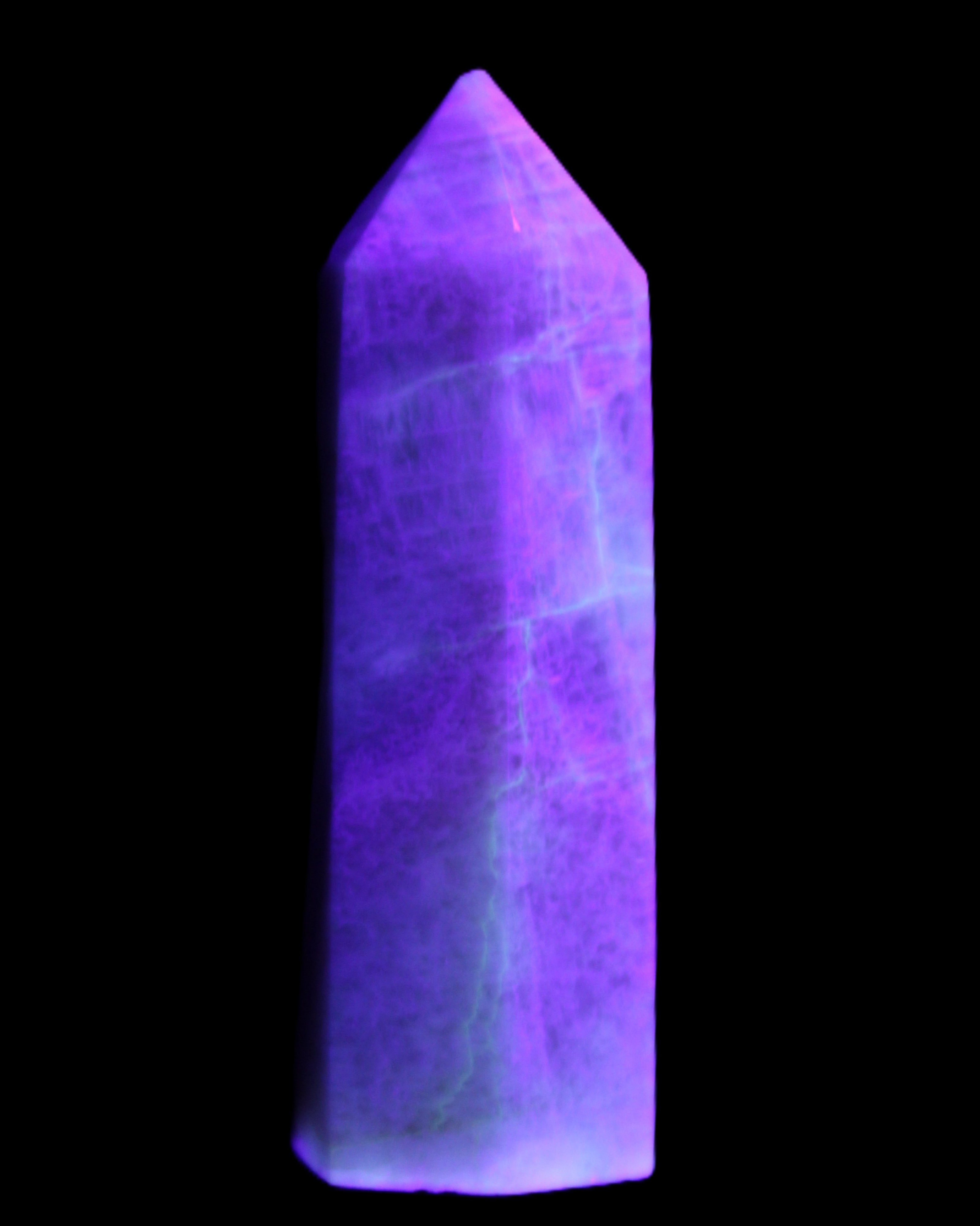 Moonstone wand 77mm 71.8g in UV light - Rocks and Things Store
