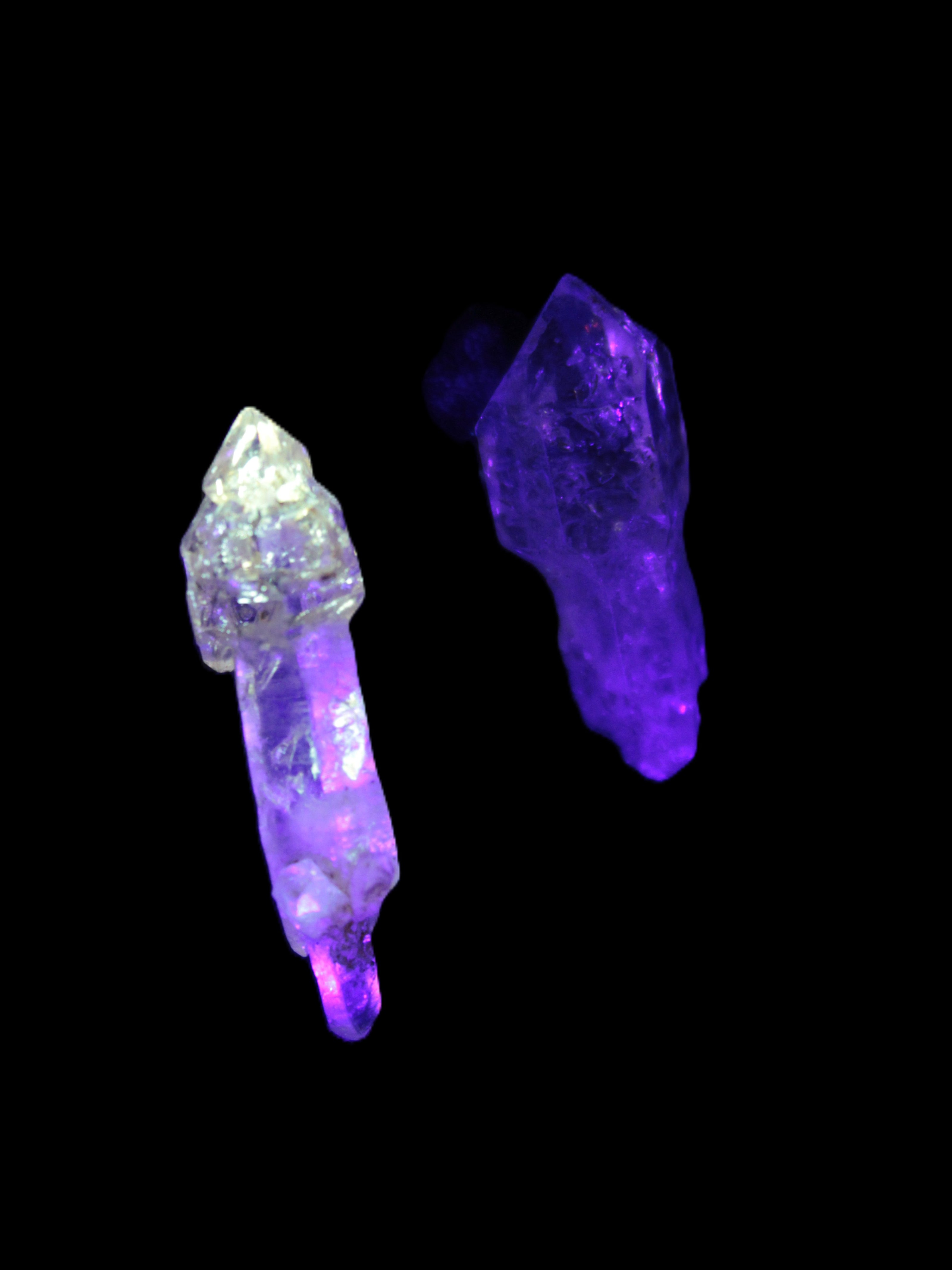 Two sceptre crystals with bridges, enhydro & hydrocarbons 5.3g in UV light