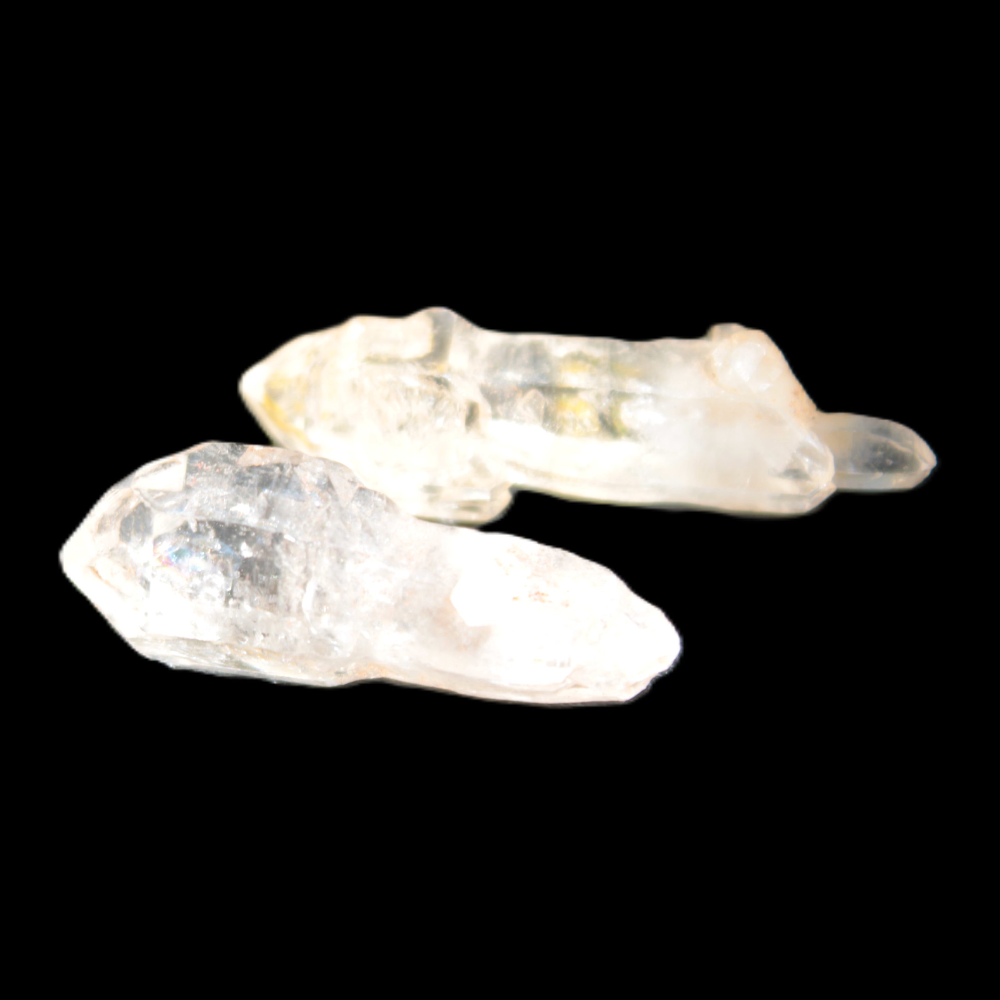 Two Fenster sceptre crystals with bridges, enhydro & hydrocarbons 5.3g in bright sunlight