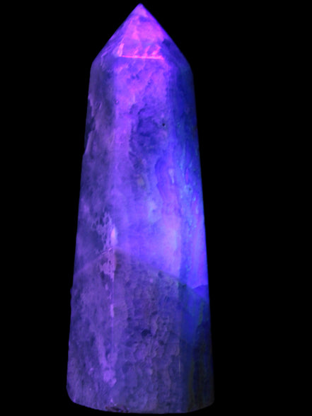 Green Fluorite obelisk 707g in UV light - Rocks and Things Store