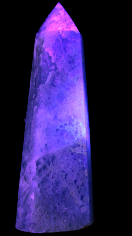Green Fluorite obelisk 707g in UV light - Rocks and Things Store