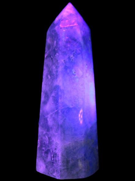 Green Fluorite obelisk 707g in UV light - Rocks and Things Store