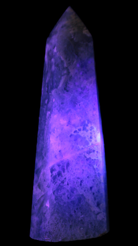 Green Fluorite obelisk 707g in UV light - Rocks and Things Store