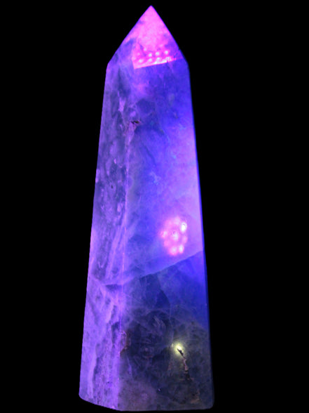 Green Fluorite obelisk 707g in UV light - Rocks and Things Store