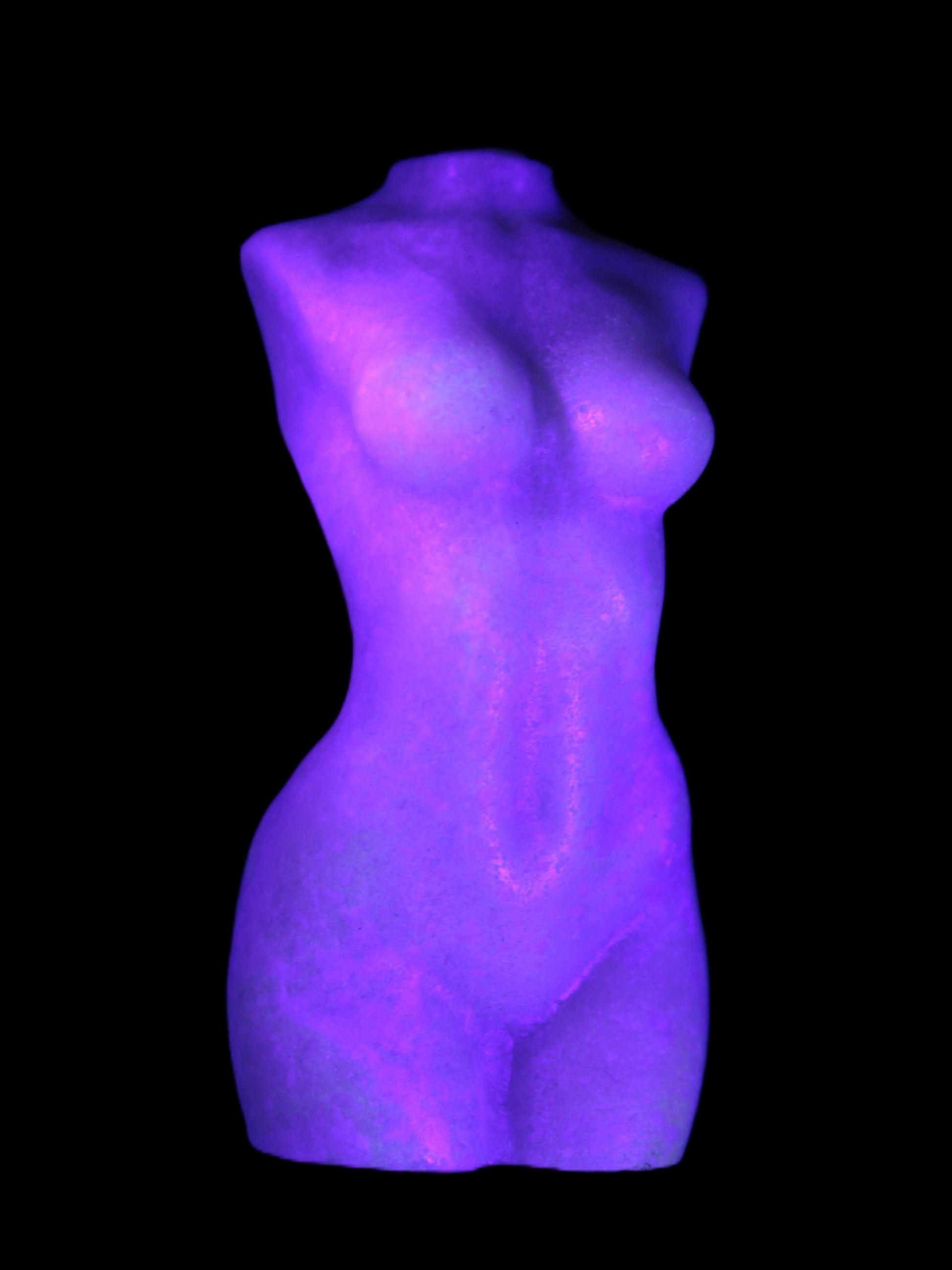 Pink Opal hand-carved woman's torso goddess 38*80mm 134.7g in UV light
