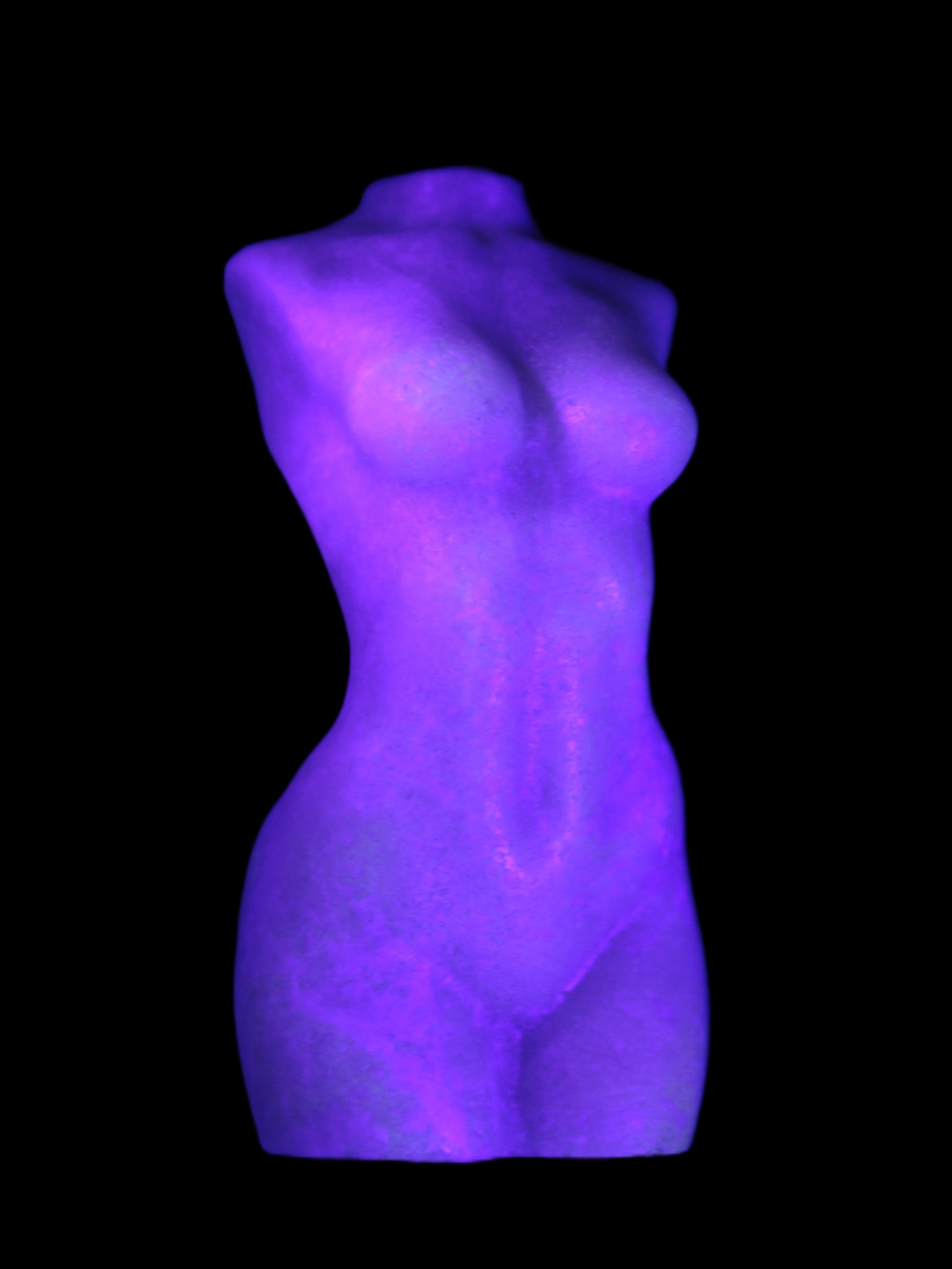Pink Opal hand-carved woman's torso goddess 38*80mm 134.7g in UV light