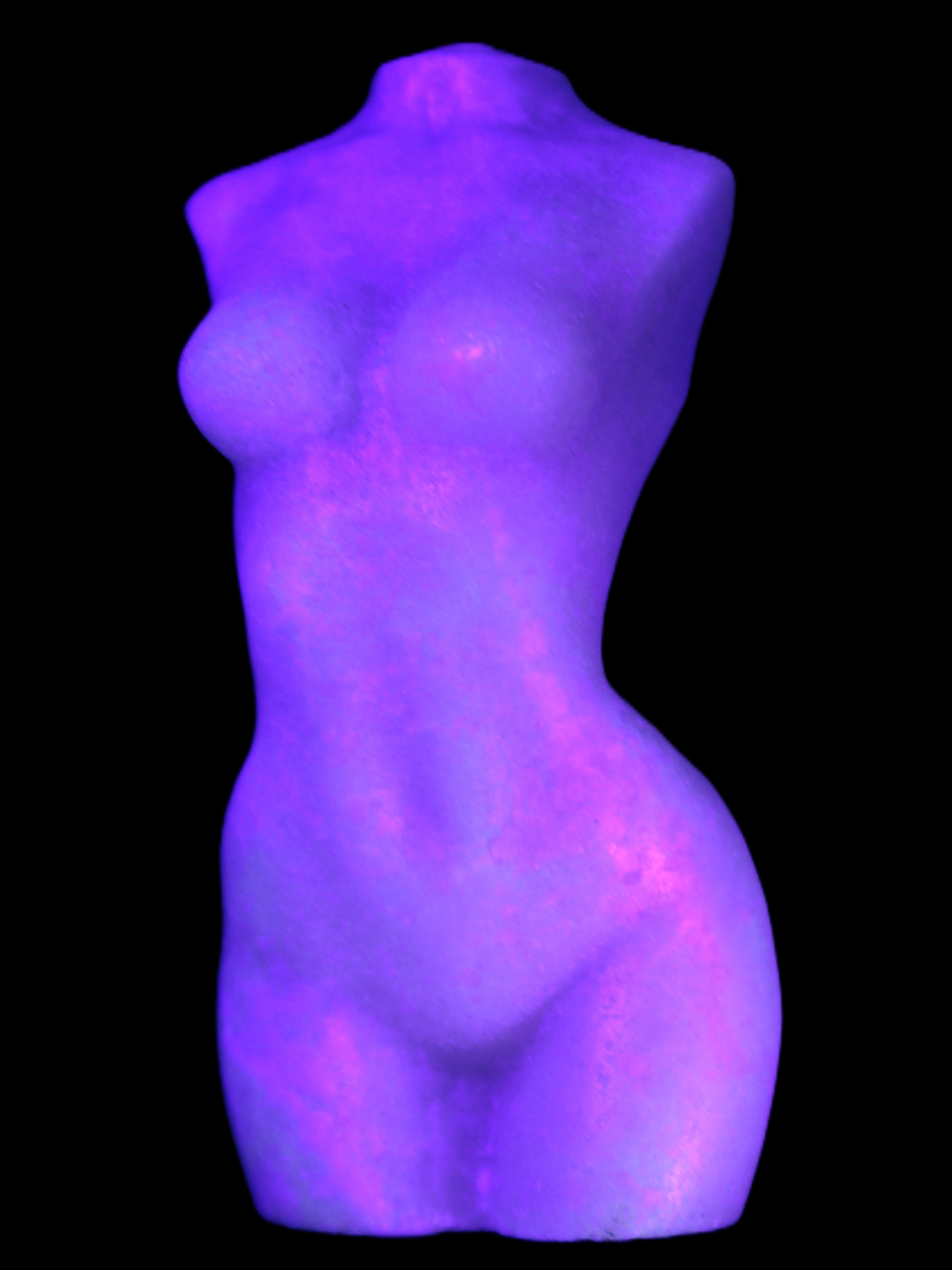 Pink Opal hand-carved woman's torso goddess 38*80mm 134.7g in UV light