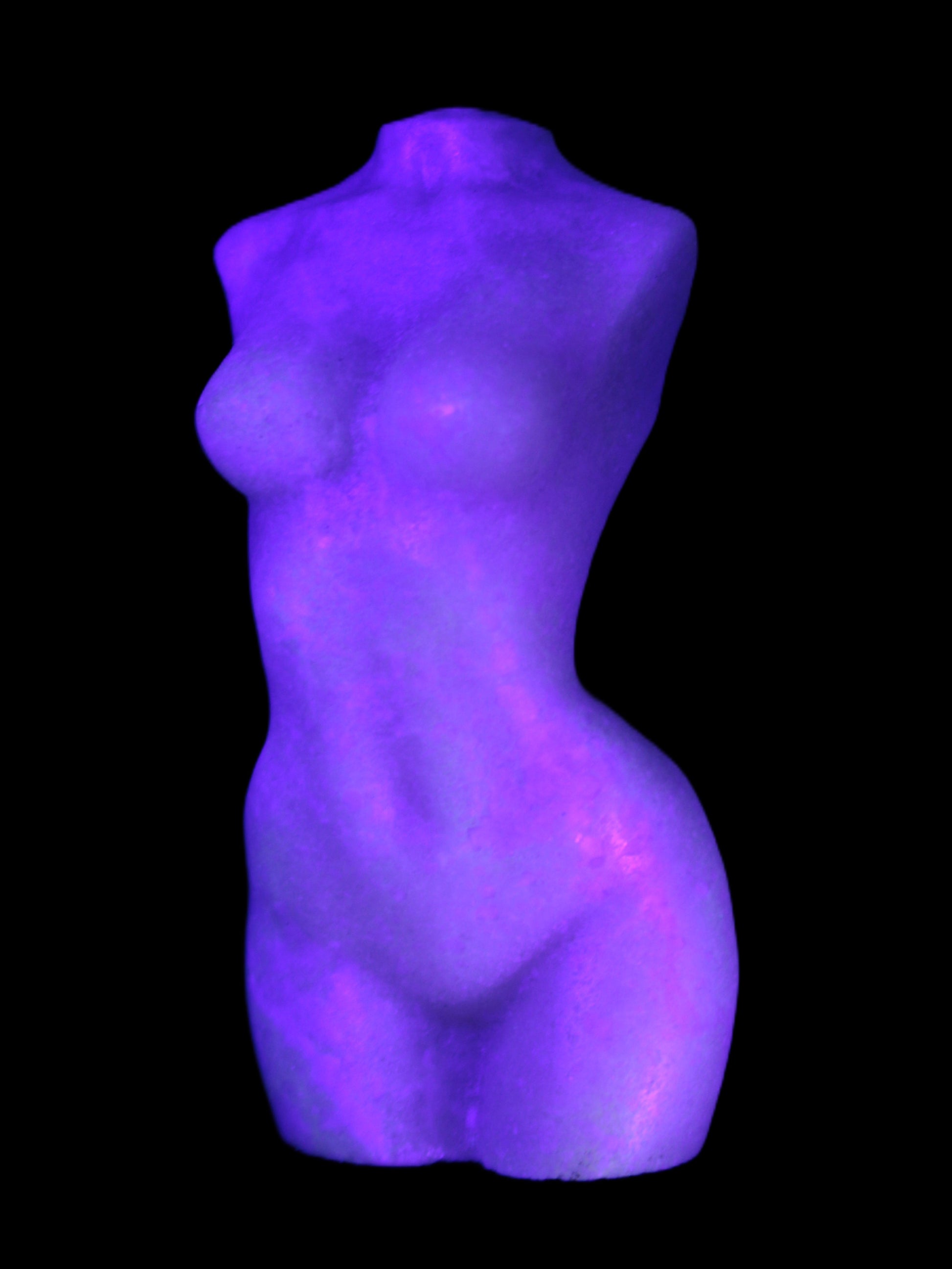 Pink Opal hand-carved woman's torso goddess 38*80mm 134.7g in UV light