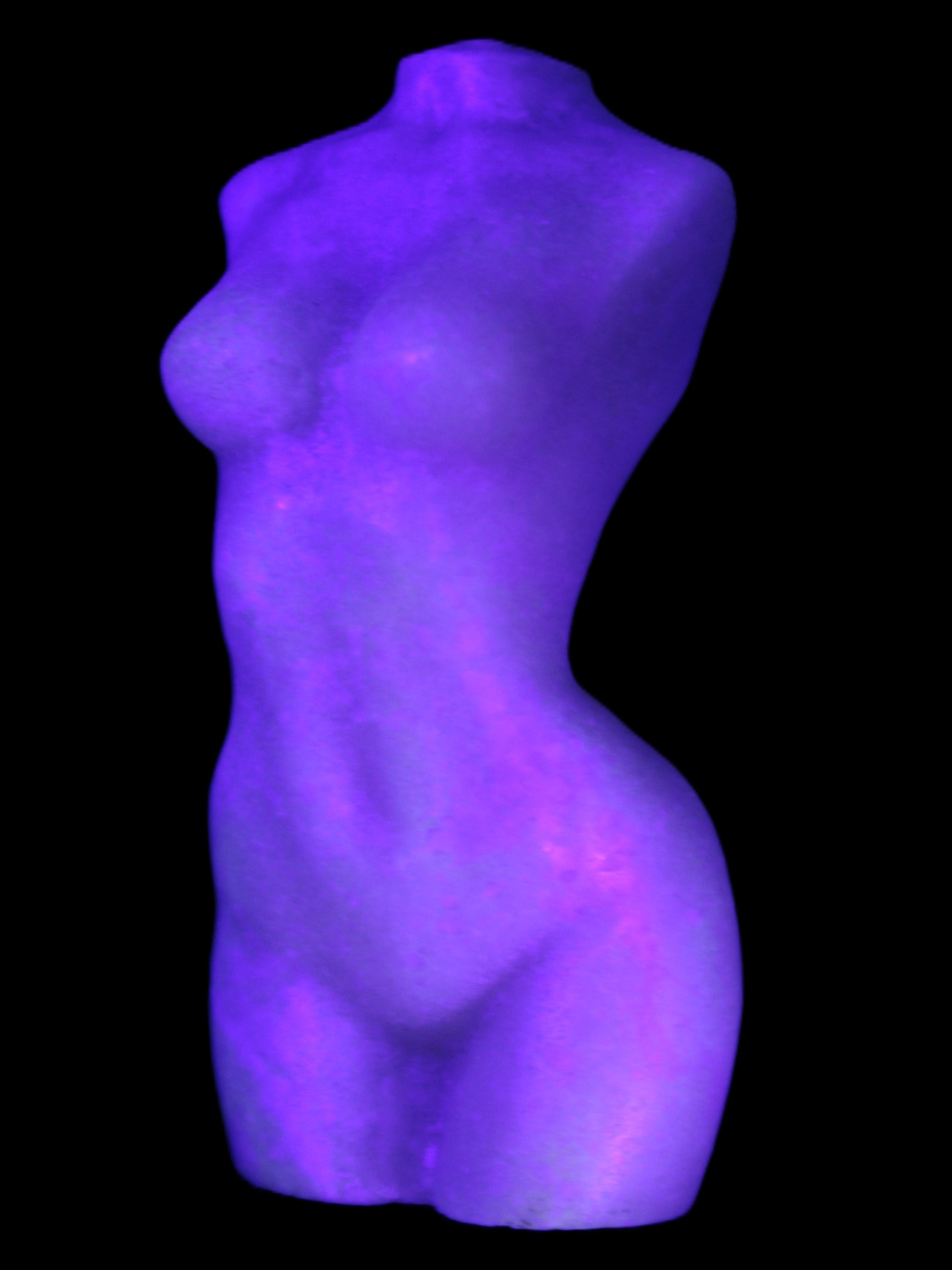 Pink Opal hand-carved woman's torso goddess 38*80mm 134.7g in UV light