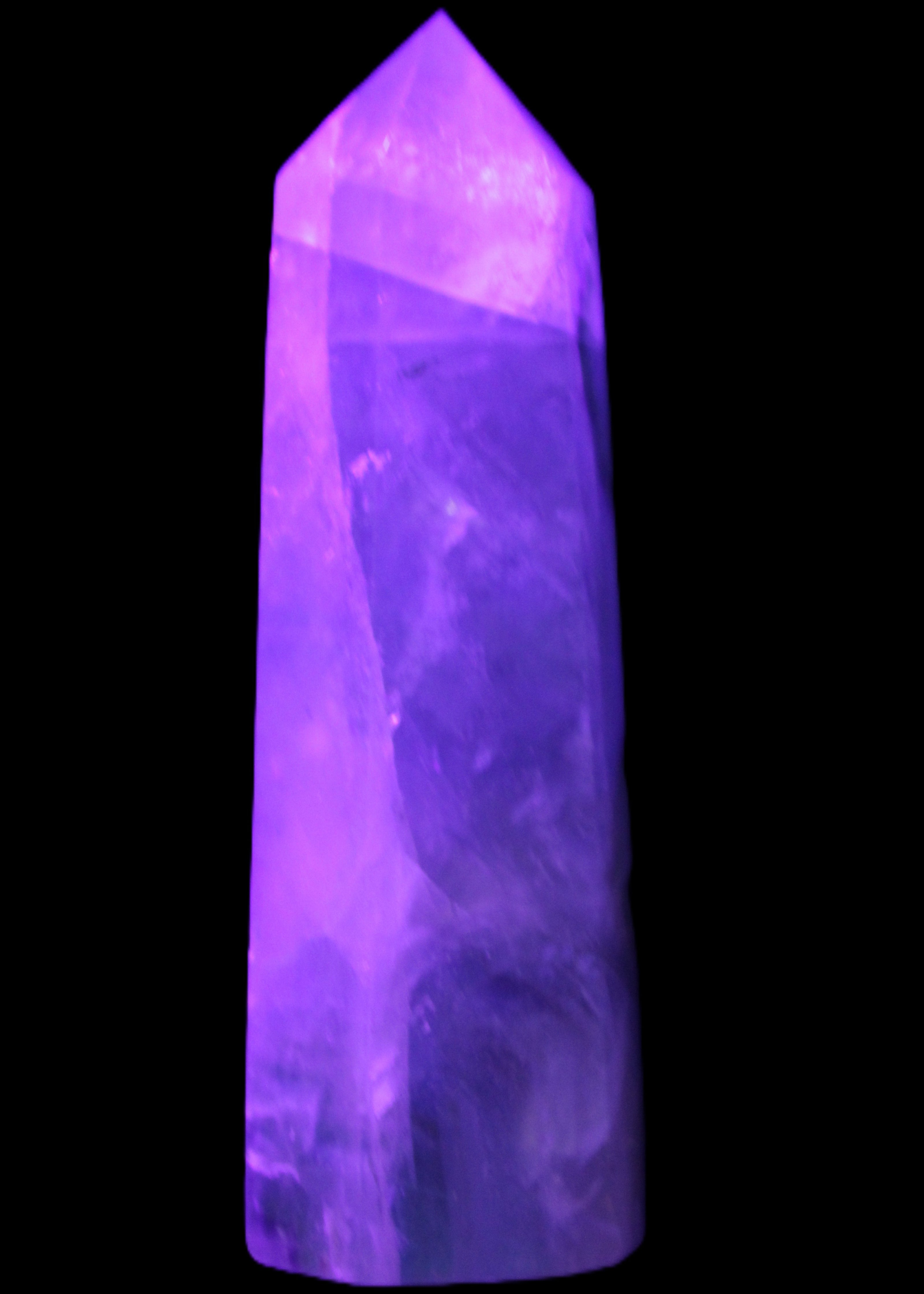 Green and Blue Fluorite obelisk 30*35*112mm 250g in UV light - Rocks and Things Store