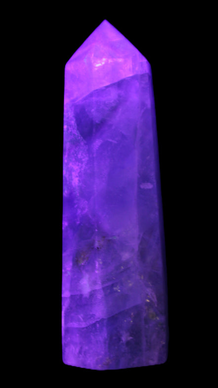 Green and Blue Fluorite obelisk 30*35*112mm 250g in UV light - Rocks and Things Store