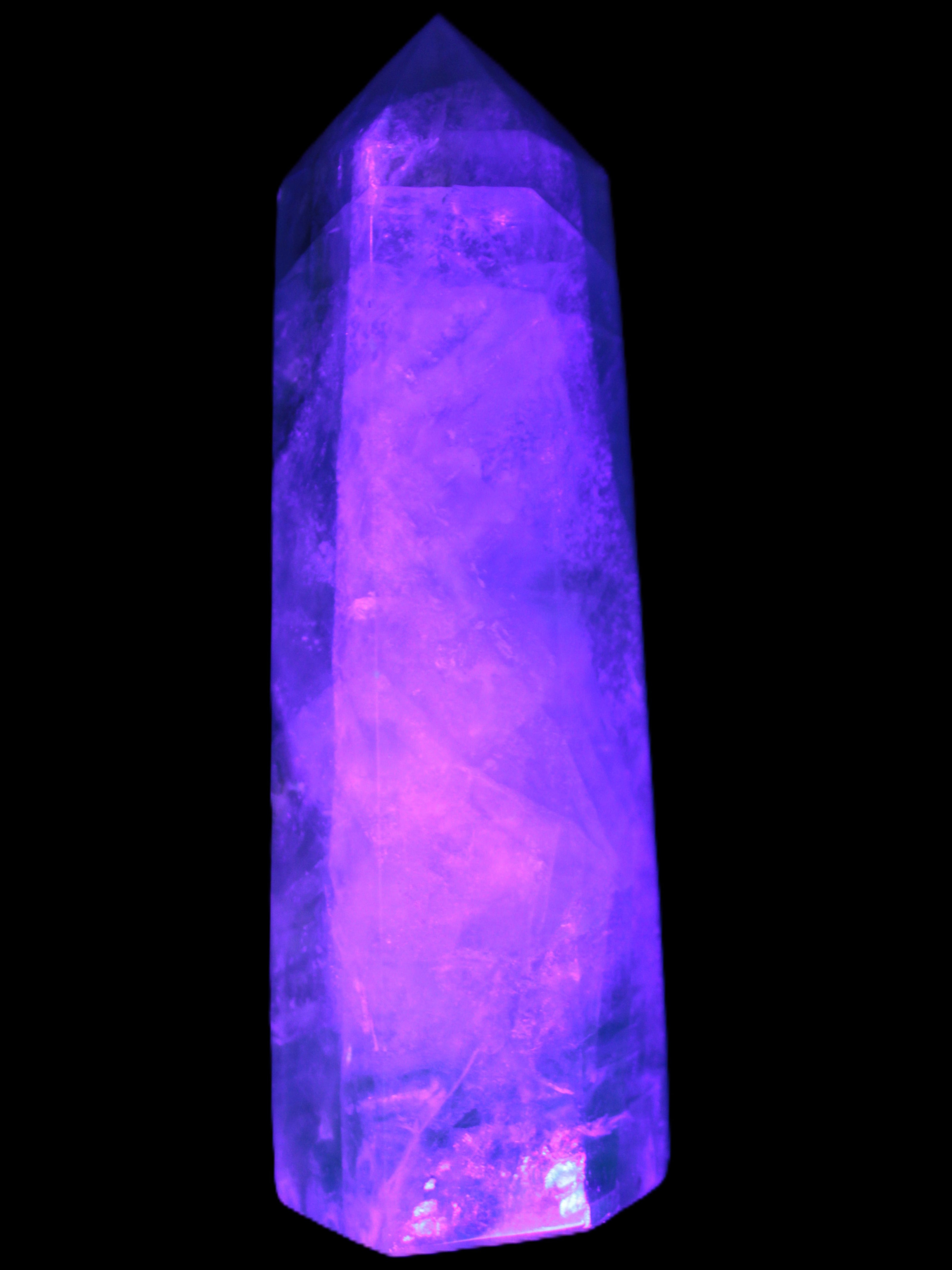 Green and Blue Fluorite obelisk 30*35*112mm 250g in UV light - Rocks and Things Store