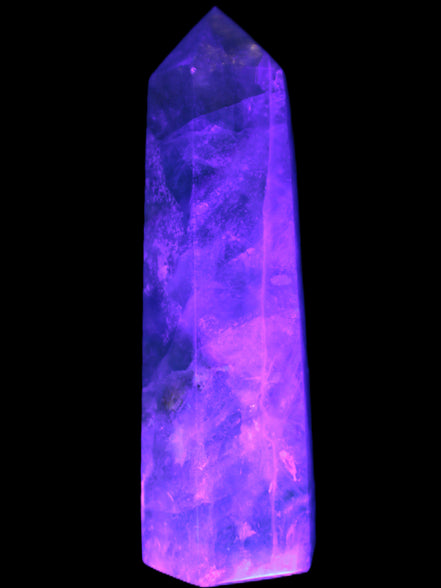 Green and Blue Fluorite obelisk 30*35*112mm 250g in UV light - Rocks and Things Store
