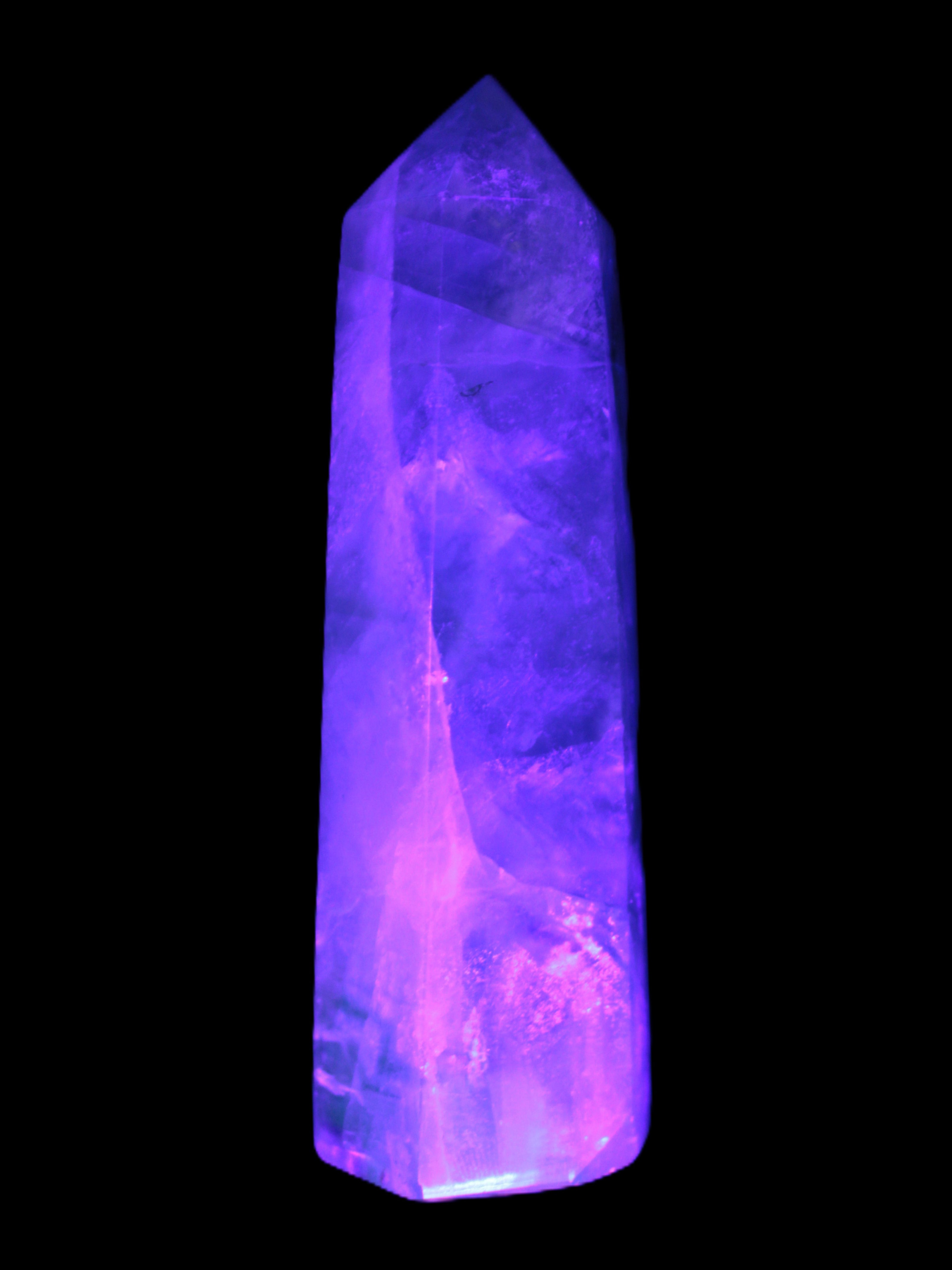 Green and Blue Fluorite obelisk 30*35*112mm 250g in UV light - Rocks and Things Store